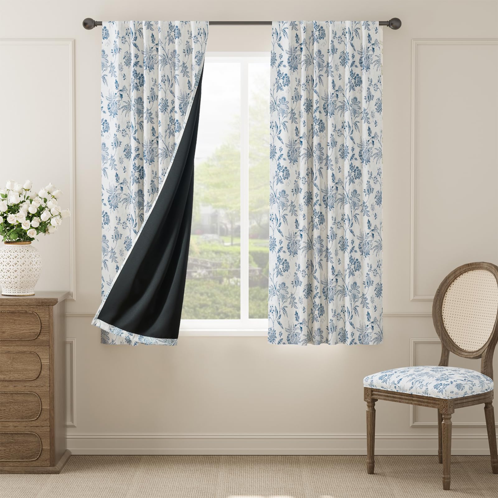 jinchan Blackout Floral Curtains for Bedroom, 63 Inch Length Curtains with Printed Flower Black out Curtains, Rod Pocket Back Tab Blue Window Curtain Set Living Room Drapes, 2 Panels Blue