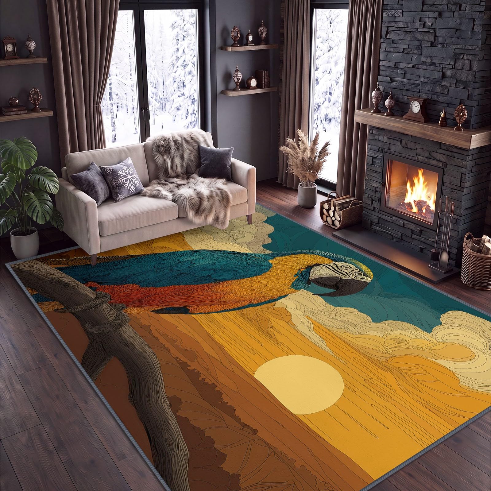 Kurzflor Teppich Wohnzimmer Tropische Tiere Aras Flauschig Weiche Anti Rutsch Unterseite Teppiche für Kinderzimmer Schlafzimmer Küche, Pflegeleicht Waschbare Fußmatte, Gelb, 180 x 240 cm
