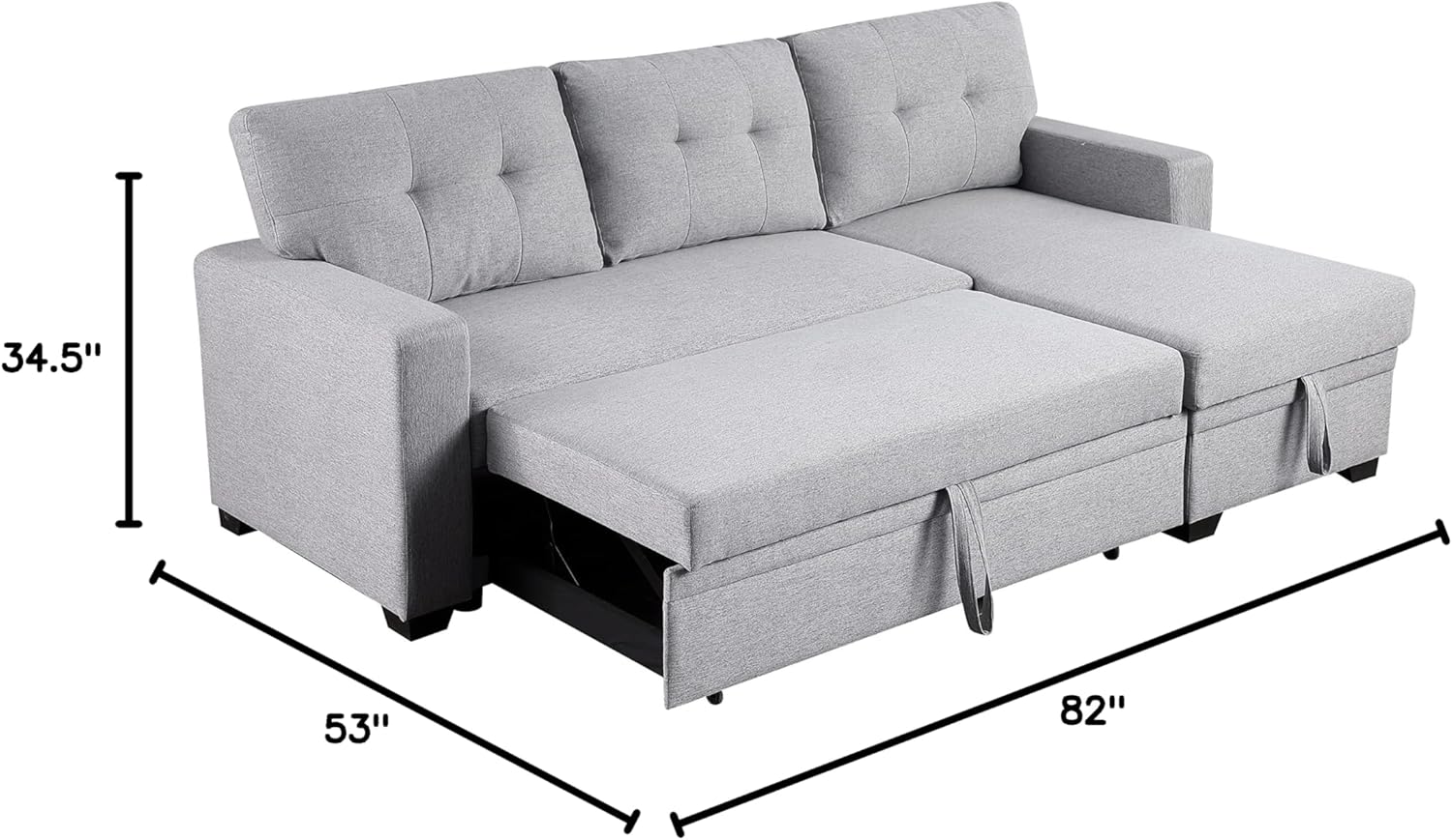 Dimensions of the LOVMOR Sectional Sofa: 53 inches deep, 82 inches wide, 34.5 inches high