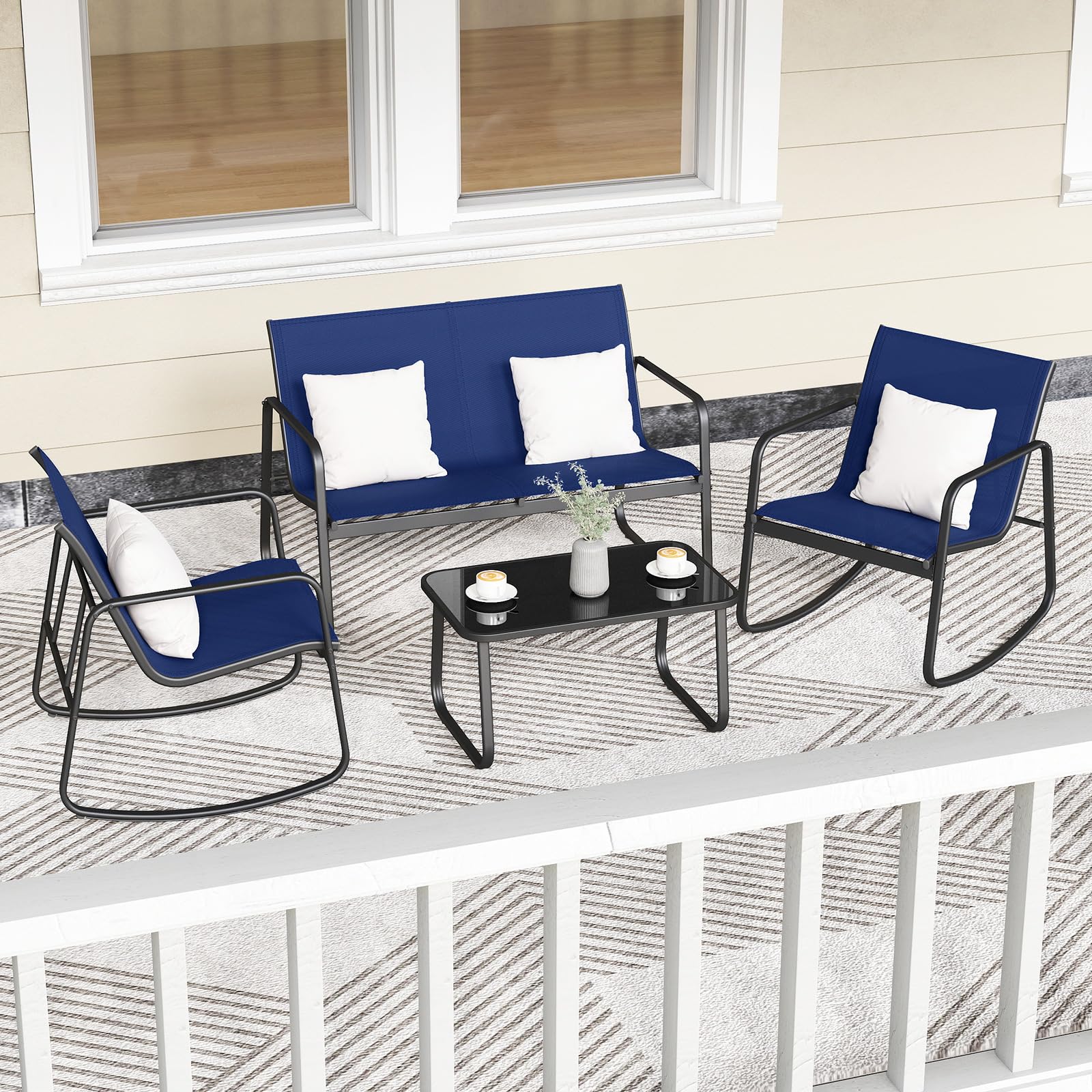 GIANTEX Set di 4 mobili da giardino con tavolino da salotto e panca da giardino e 2 sedie a dondolo, mobili da balcone in textilene con delicato movimento a dondolo (Blu)