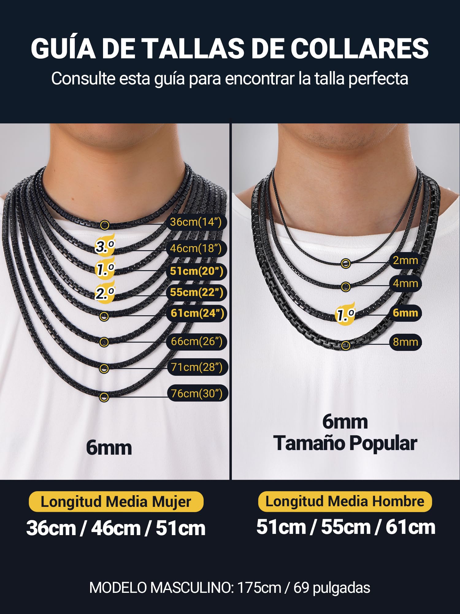 PROSTEEL Cadena Veneciana Plana Acero Inoxidable 2/4/6/8mm Ancho Collar Hombre Cadenas Eslabones Venecianos Planos Plateado/Dorado/Negro Joyas Hombres Mujeres 41cm-76cm
