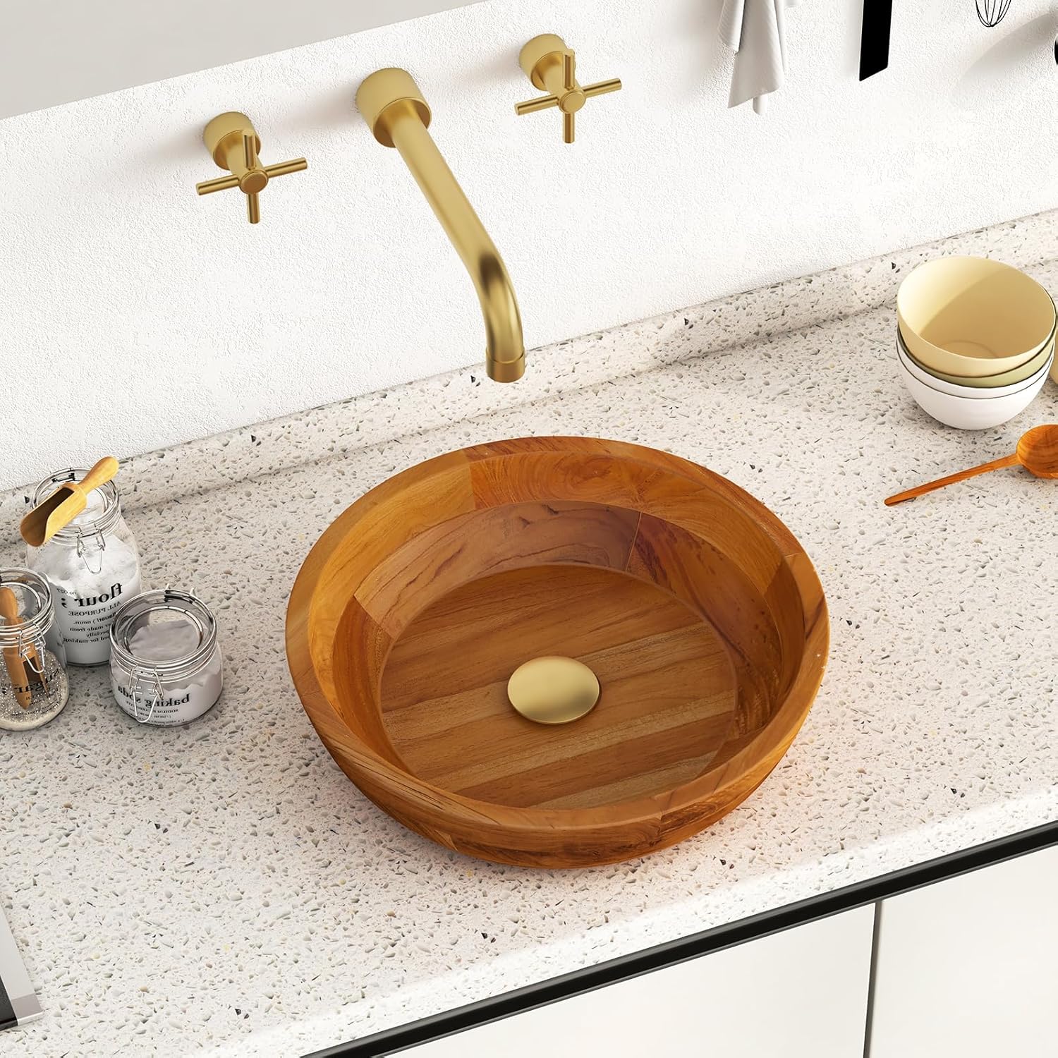 Giantex Teak Wood Vessel Sink - Bathroom Washbasin with Smooth Finish, Round Corner, 2.5” Drain Hole for 1 5/8" Drainage, Above Counter Vanity Sinks, No Assembly Art Basin (16” x 16” x 4” Bowl-shaped)