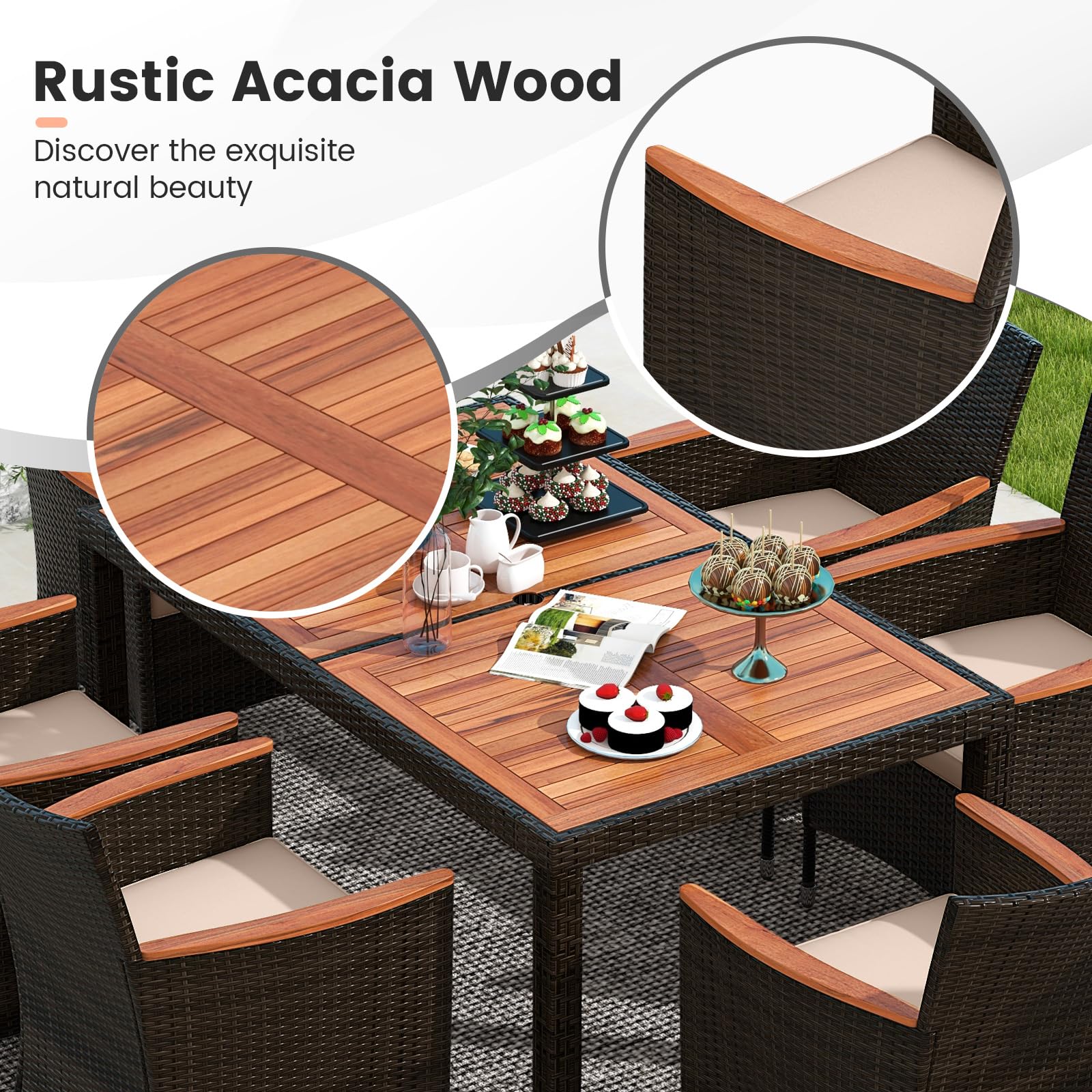 COSTWAY 7PCS/9PCS Garden Rattan Furniture Set, Patio Dining Table and Chairs Set with Acacia Wood Top, Stackable Chairs and Cushions, Outdoor Dining Wicker Conservatory Set for Balcony Lawn (7-Piece) — view 2