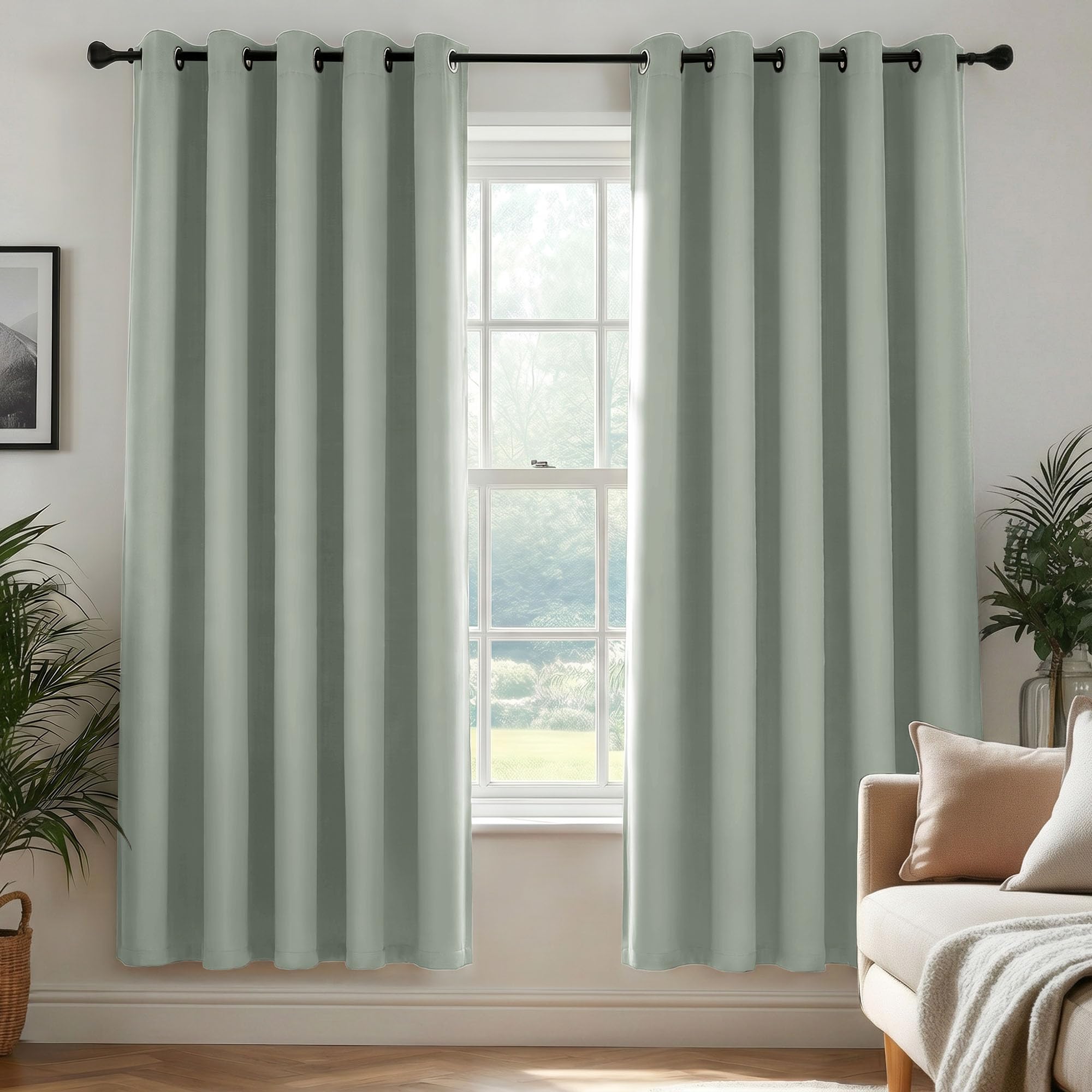 Deconovo Sage Green Blackout Curtains Eyelet, Thermal Insulated Energy Saving Curtains for Bedroom Living Room, OEKO-TEX Certified, W 66 x L 90 Inch, 1 Pair
