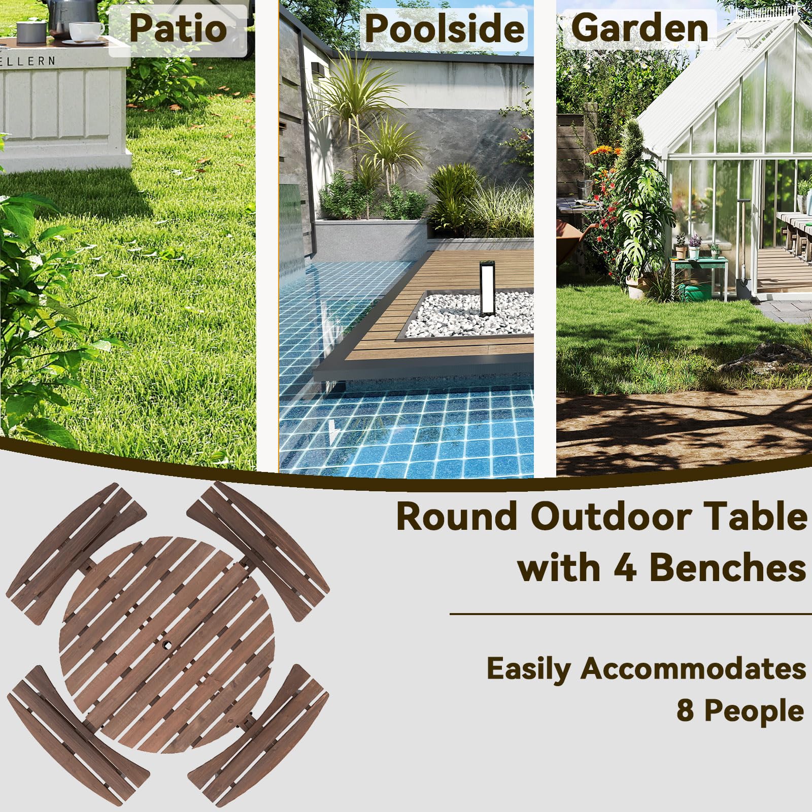 GIANTEX Set da Giardino in Legno di Abete 8 Persone Tavolo con Sedie Integrato Foro Ombrellone 178x70 cm