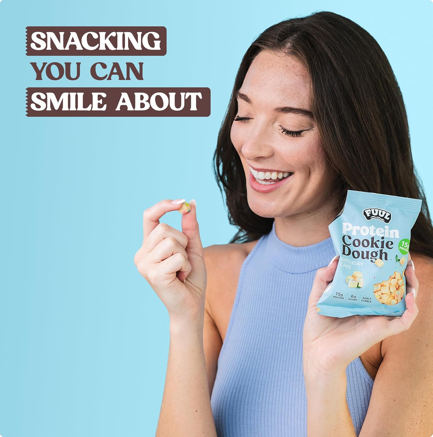 FUUL Protein Cookie Dough, Birthday Cake Flavor, High Protein Bites, Low Sugar Snacks for Kids & Adults, Pre Workout & Post Workout Snacks, Shelf Stable, 15g per Bag, Pack of 8