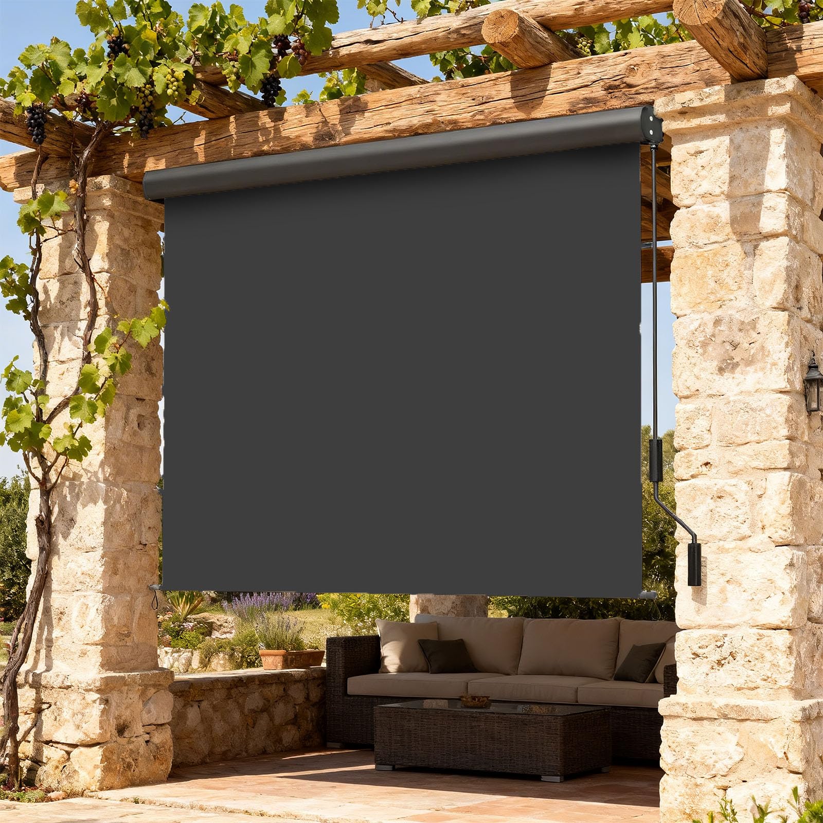Verdego Toldo vertical exterior 160 x 250 cm, estor de protección solar exterior con manivela, protección visual, protección contra el viento, caja de toldo de aluminio, toldo vertical para balcón