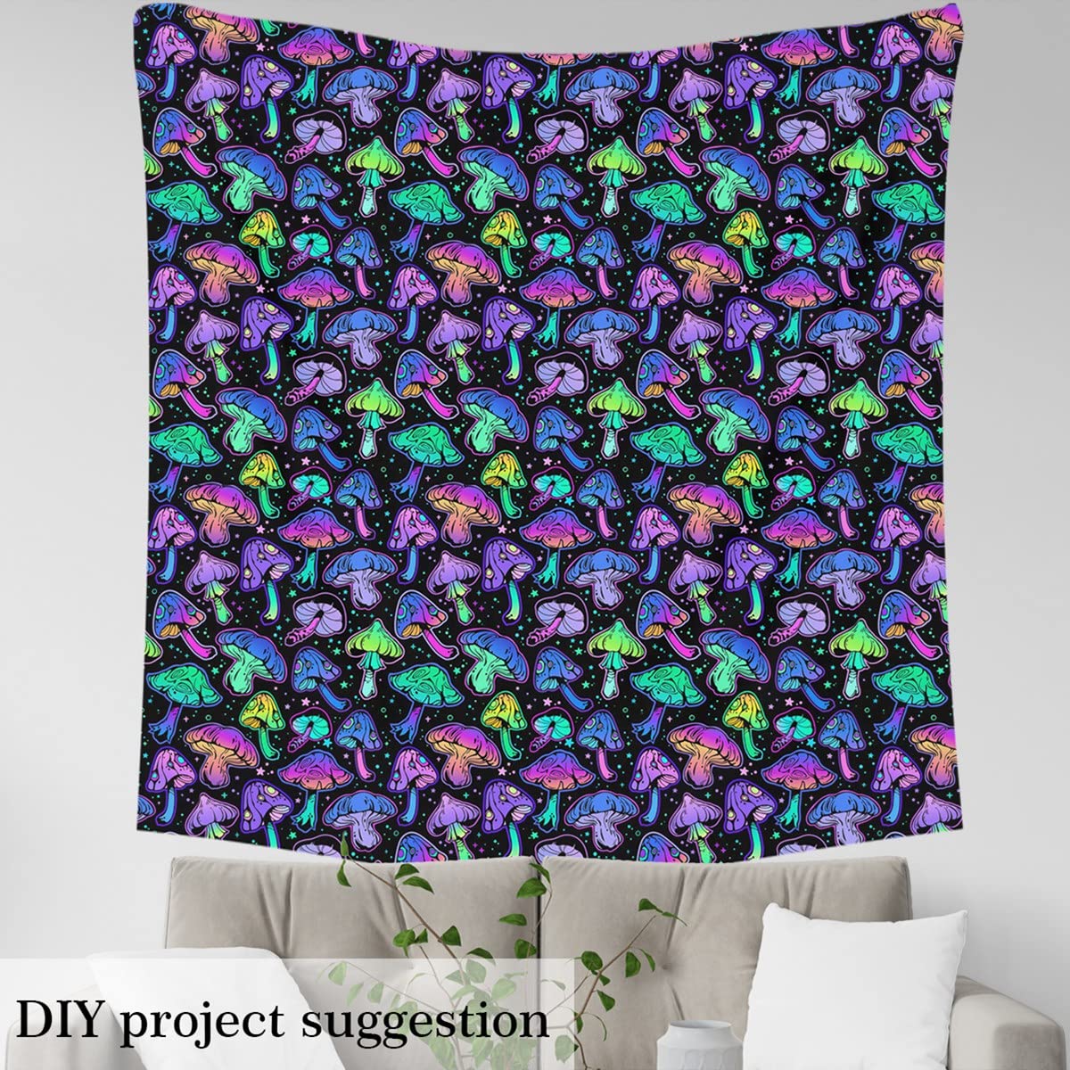 Mushroom Fabric by The Yard Cute Trippy Plant Upholstery Fabric Ombre Cartoon Kawaii Decorative Fabric Neon Star Indoor Outdoor Fabric DIY Art Waterproof Fabric Purple Teal 1 Yard - Image 3