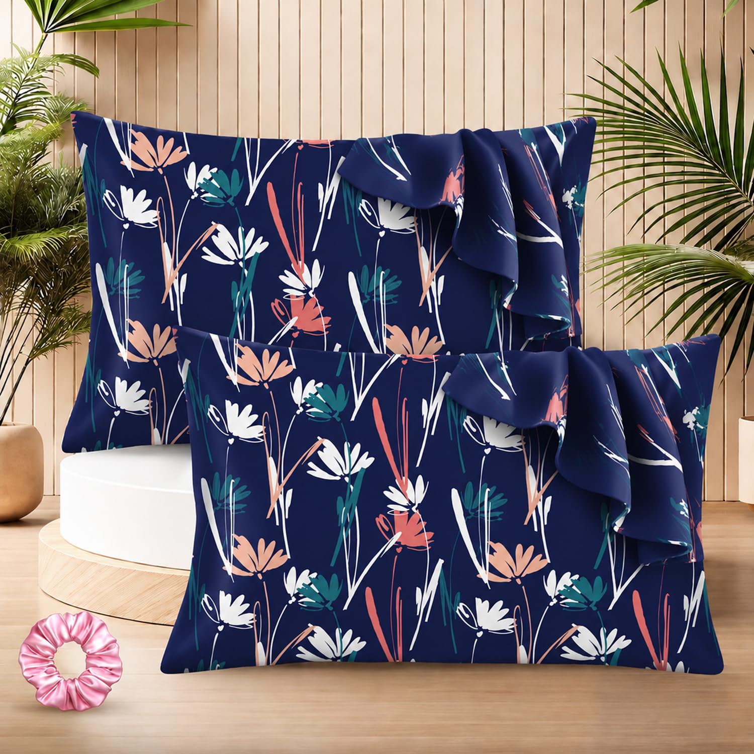 SITTELLA® 72x46 cm Set of 4|3DSatin Silk Pillow Covers | 600 TC Soft Pillowcase for Hair & Skin | Envelope Closure | Blue Flower |2 Free Scrunchie Included