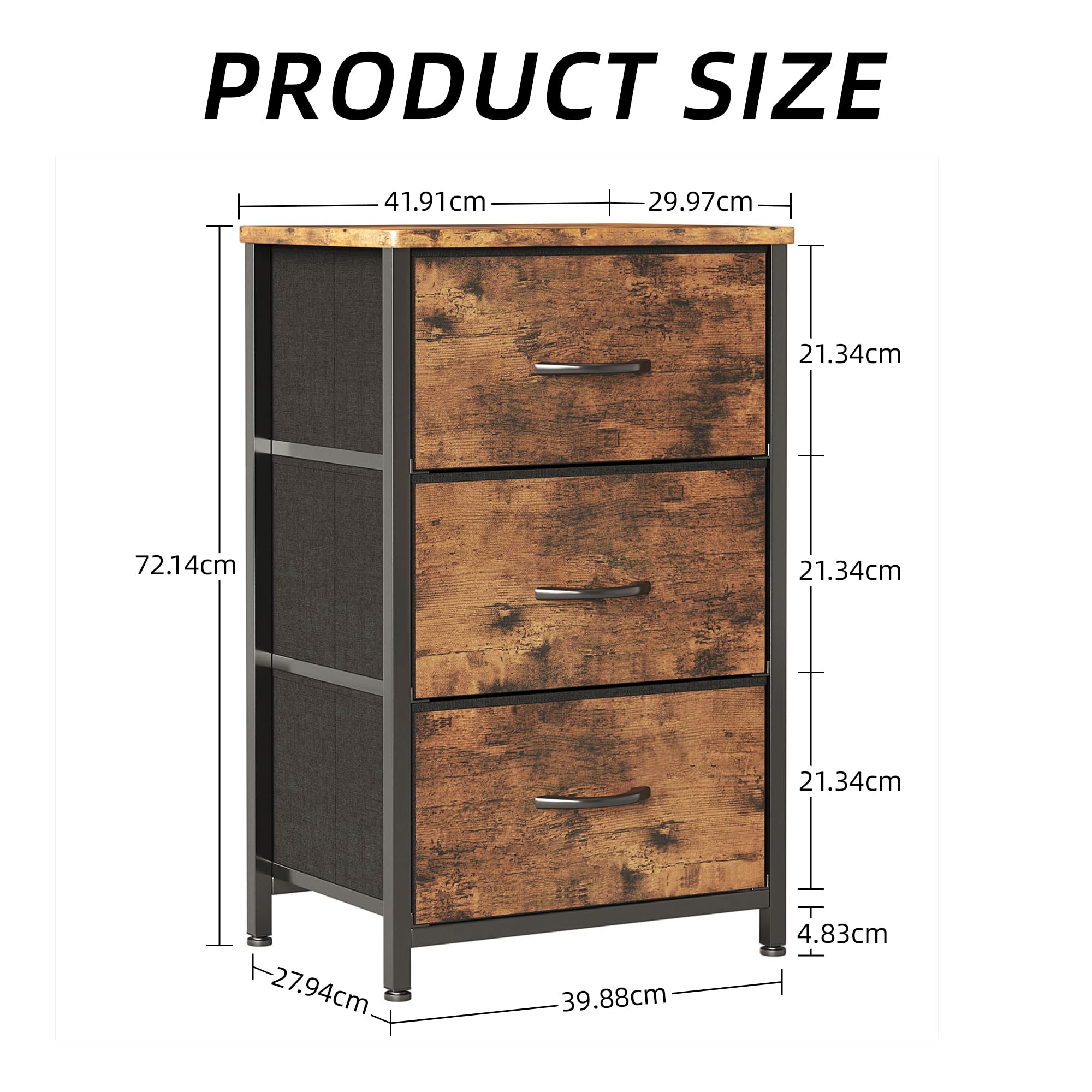 CAIYUN Nachttisch mit 3 Stoffschubladen, Schmaler Kommodenschrank für Schlafzimmer, Wohnzimmer und Flur, Holzplatte, Platzsparend, Schwarz, Modernes Design