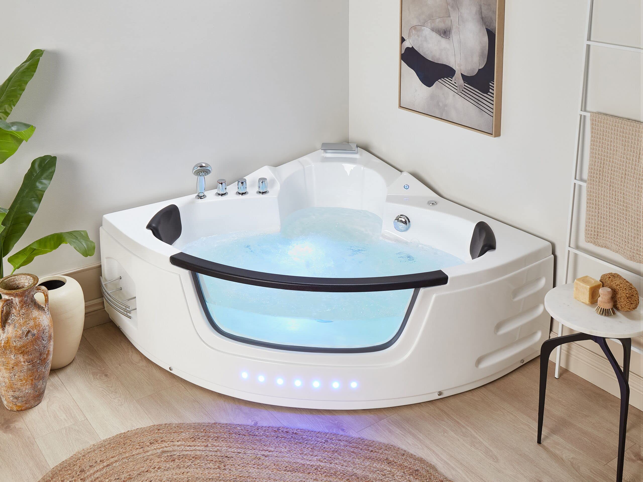 Bain à Remous Baignoire Balnéo d'Angle Moderne en Acrylique Blanc 144 cm avec Hydromassage et Lumière LED et Surface Vitrée pour 2 Personnes Beliani