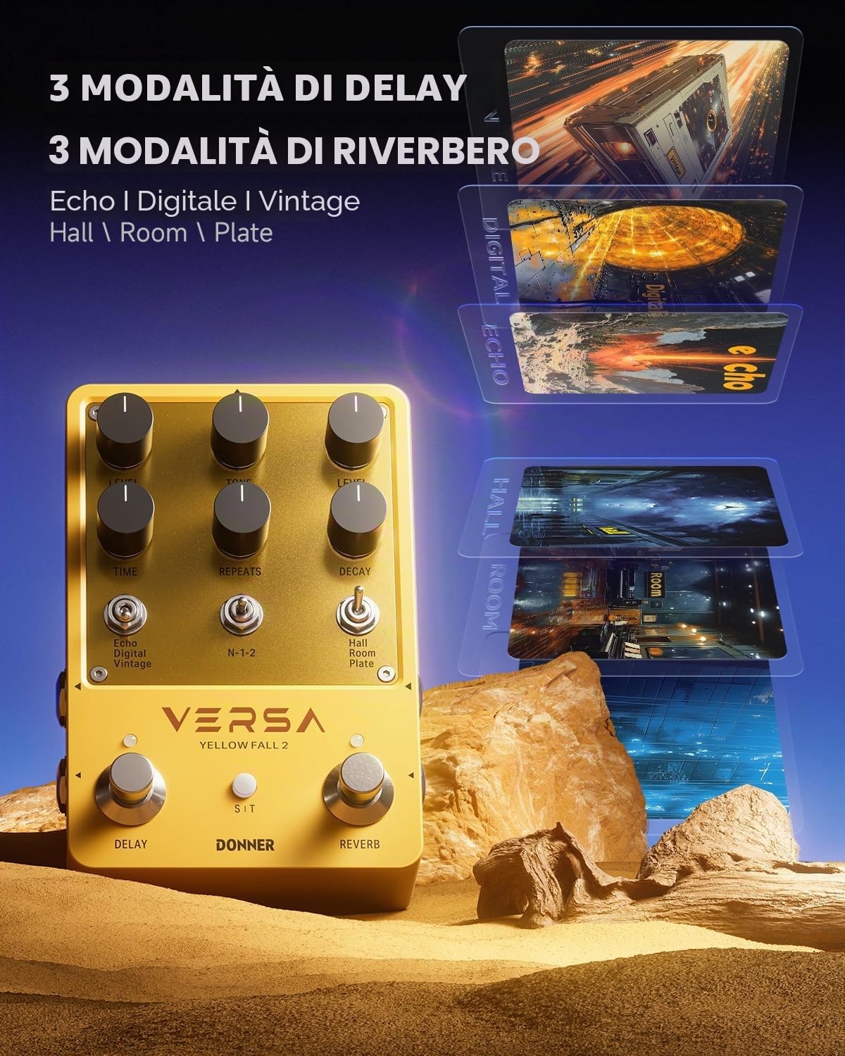 Donner Guitar Reverb & Delay Pedal - 2 in 1 with Tap Tempo, Preset Saving, Stereo in/out, Digital 3 x 3 Multi-Mode Effects Electric Guitar Pedal, True Bypass (Yellow Fall II)