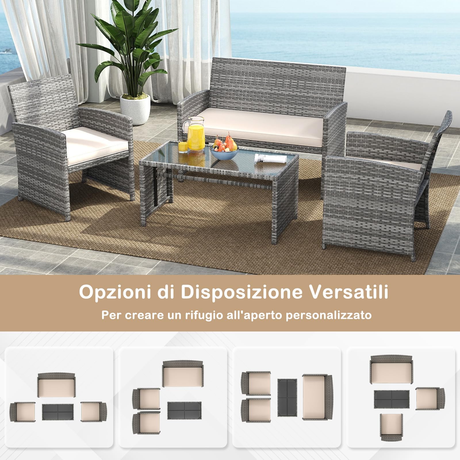 SOARS Set Mobili da Giardino in Rattan PE, Divano 2 Posti, 2 Poltrone, Tavolino Vetro, 4 Posti, Grigio+Bianco