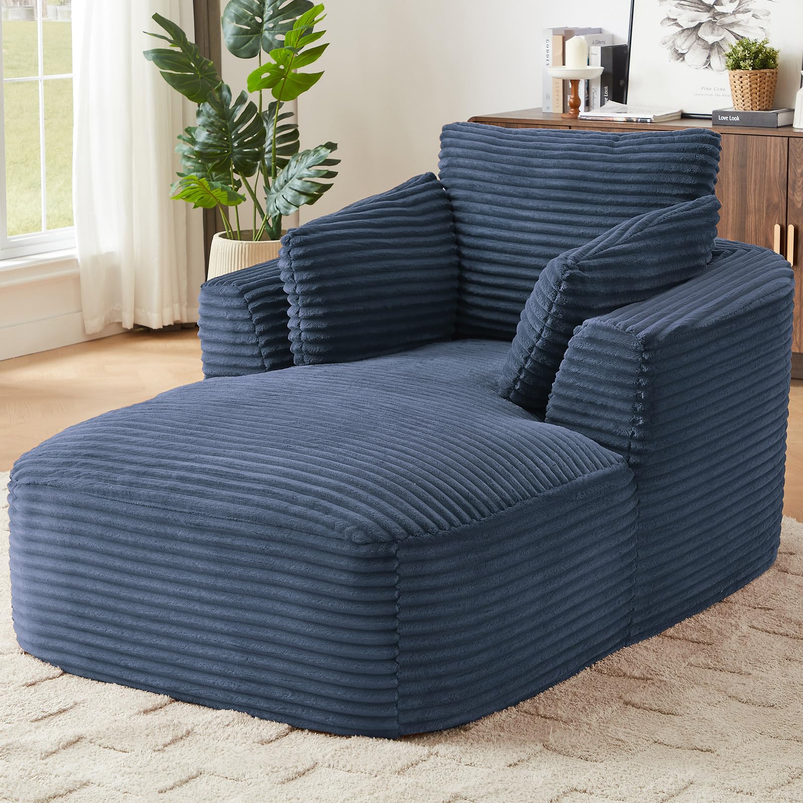 45” Chaise Lounge Chair Indoor, Corduroy Oversized Chaise Lounge with 3 Pillows for Bedroom Living Room, Boneless Chair with Armrest, No Assembly Required (Blue)