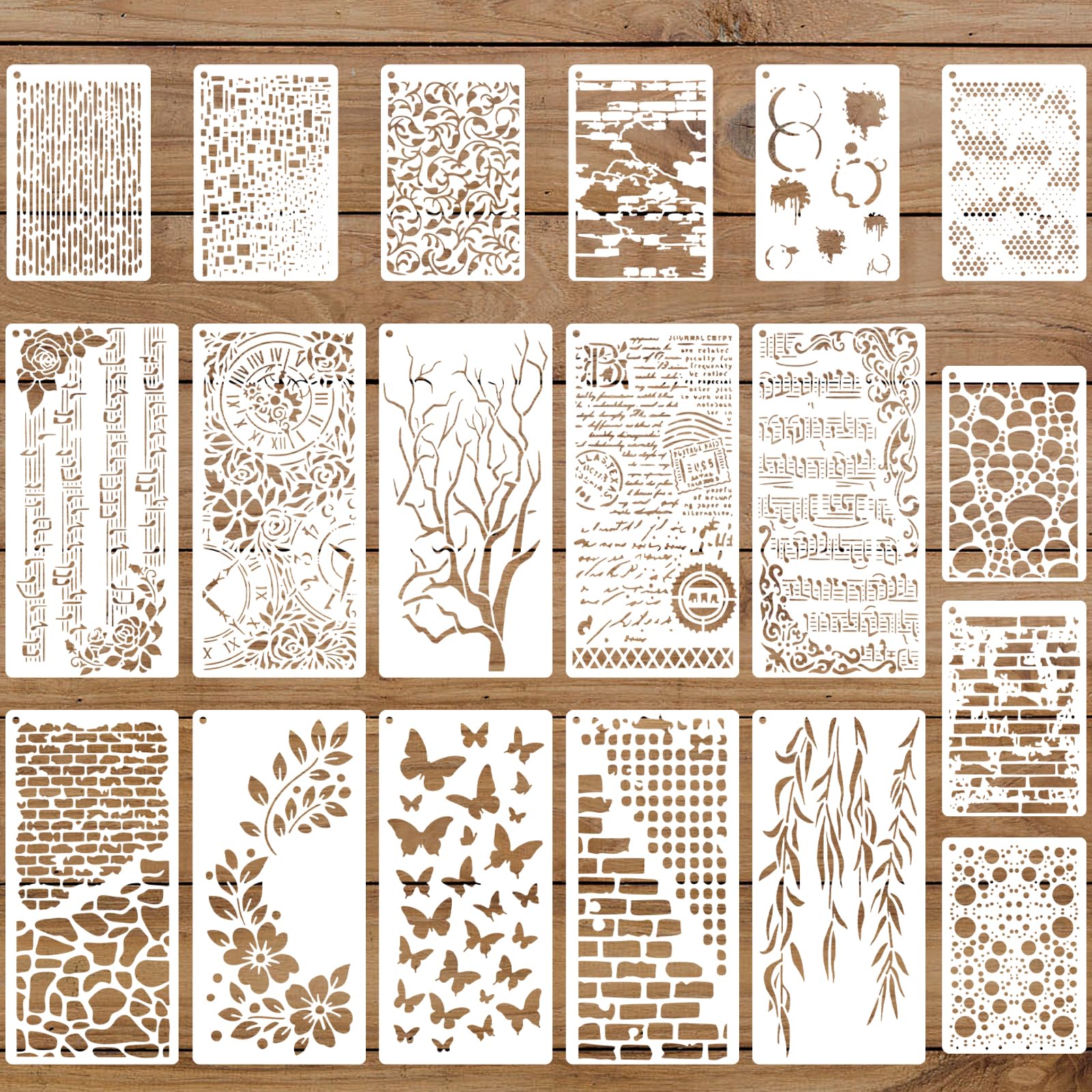 19 Pcs Stencils for Crafts Reusable, Journaling Stencils, Music Sheet, Honeycomb Brick Texture Stencil, Stencil for Crafts Painting on Card Journaling Paper Scrapbook Walls Wood Floor