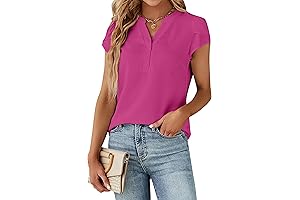 Women's Pink Casual Tops Office Business Button Down Shirts Short Cap Sleeve V Neck Shirts