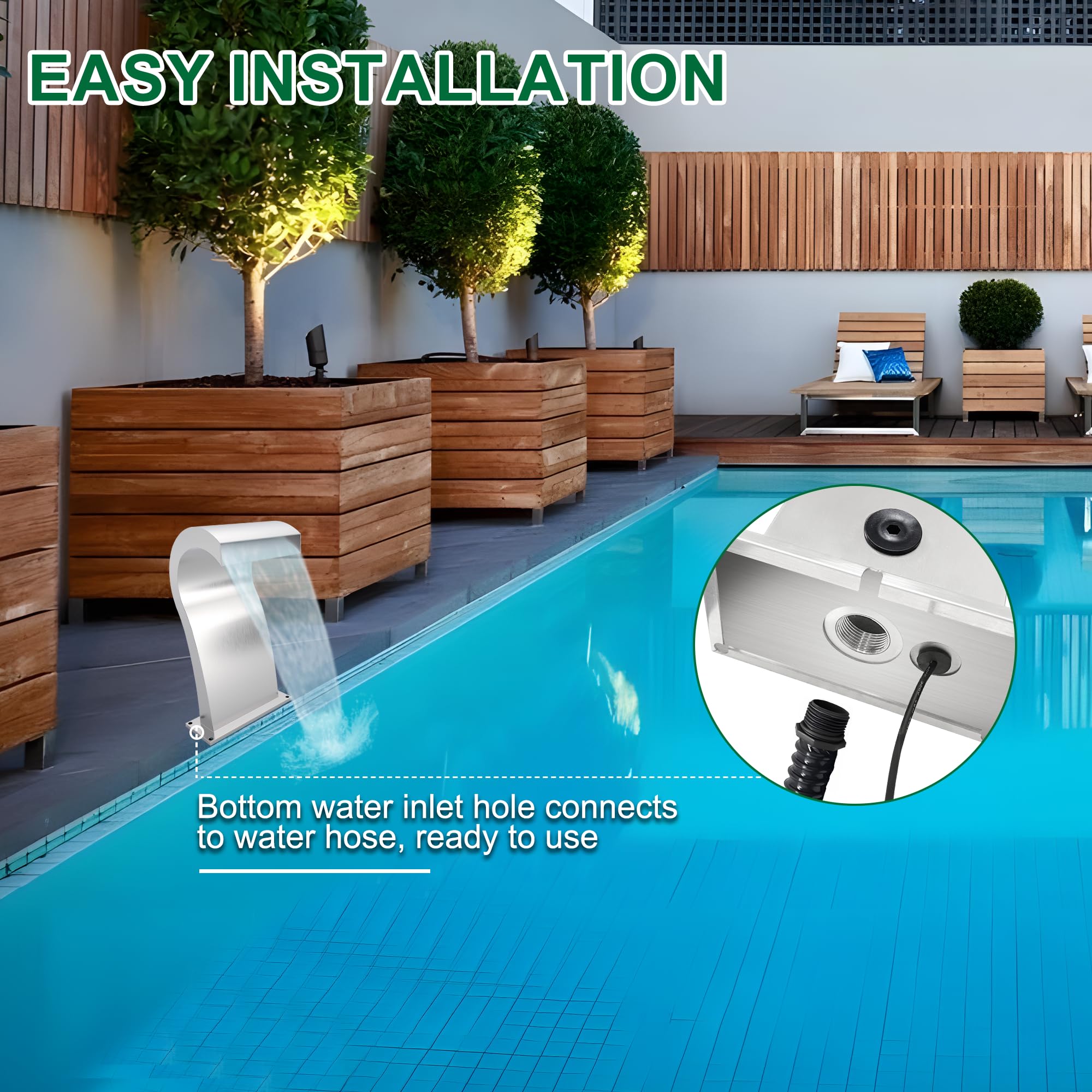 Fontana curva per piscina a cascata in acciaio inossidabile con accessori, per laghetti, cascate a forma di S, per esterni, fontane per giardino, patio, piscina, decorazione, 52 cm di