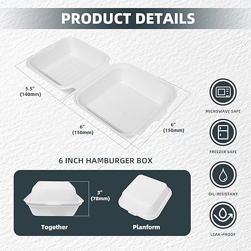 Miniatura 2 de To Go Contenedores desechables  6 x 6 pulgadas, 50 unidades de contenedores de comida para llevar con cubierta blanca para llevar, 100%