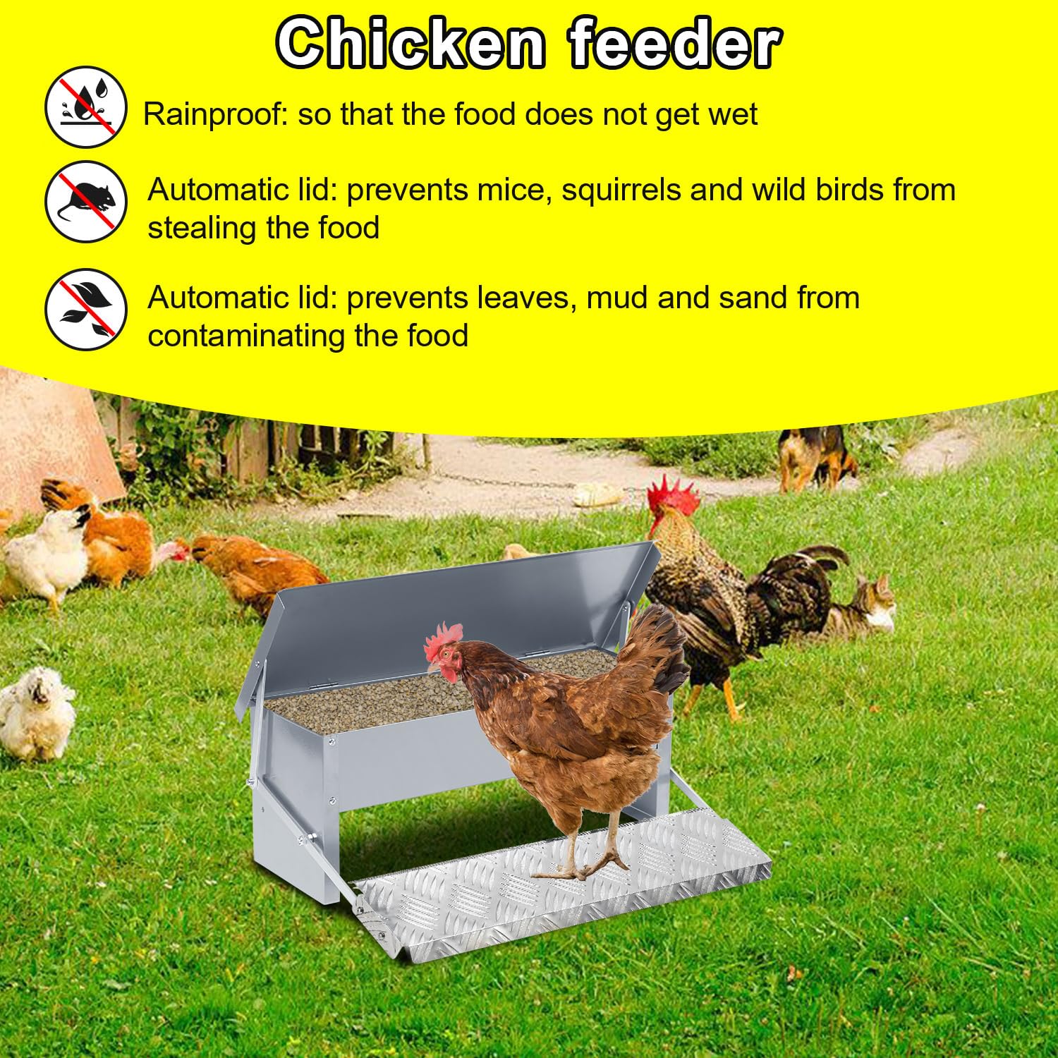 3 comederos automáticos para pollos, 5 kg, con tapa, pedal automático, comedero automático, comedero para pollos, resistente al agua