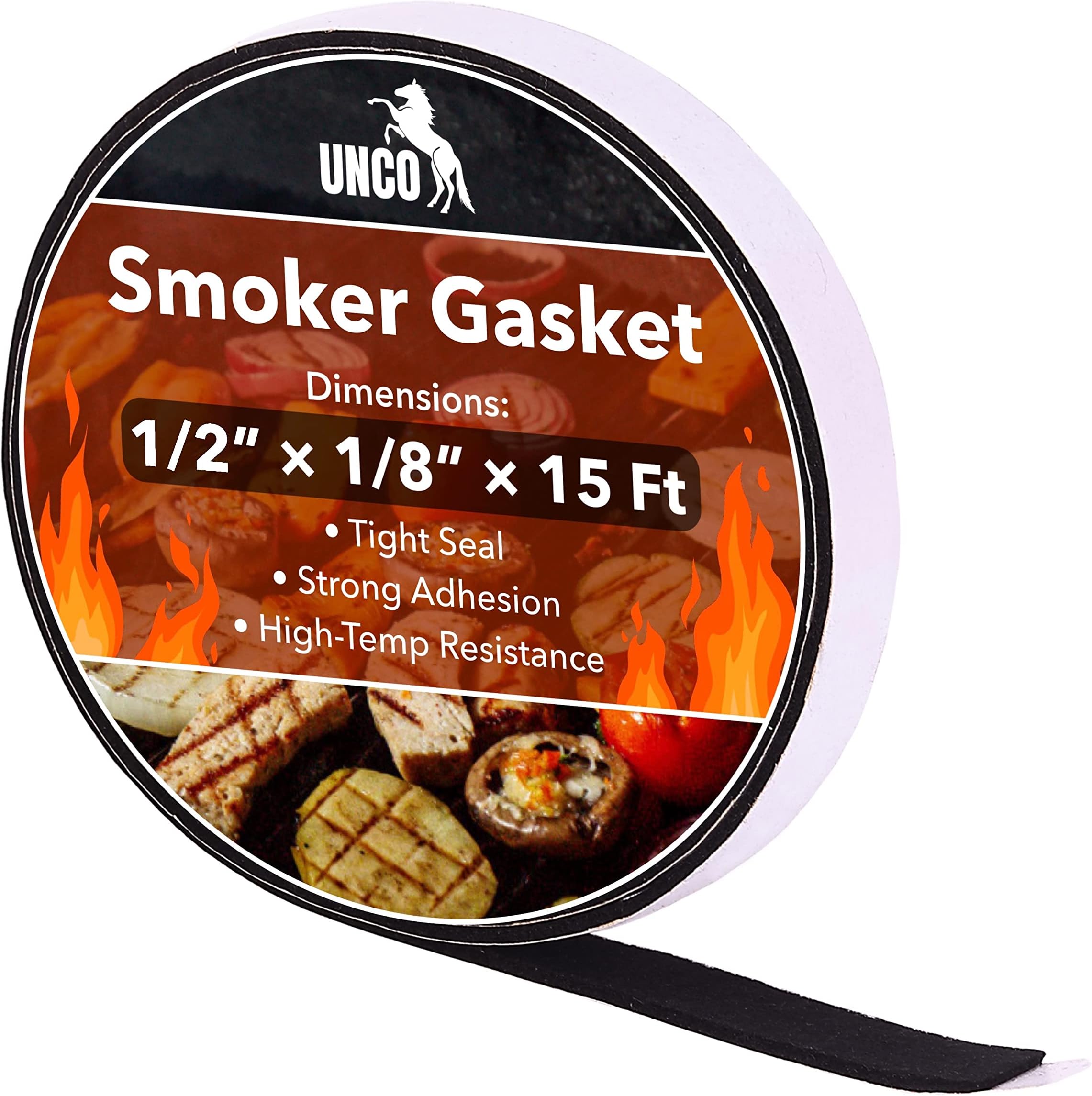 Unco- Smoker Gasket, 15 Ft, 1/2"X1/8", Grill Heat Tape, Gasket Sealer High Temp, Kettle Bbq Temperature Smoker, Door