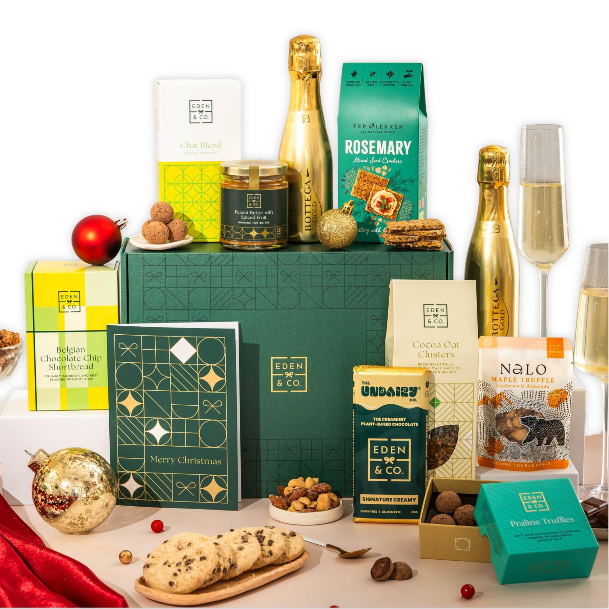 Merry Christmas Vegan Gift Hamper Basket, Luxury Gourmet Gifts for Women, Men, Couples, with Vegan Chocolate by EDEN & CO - Plus 2 Prosecco