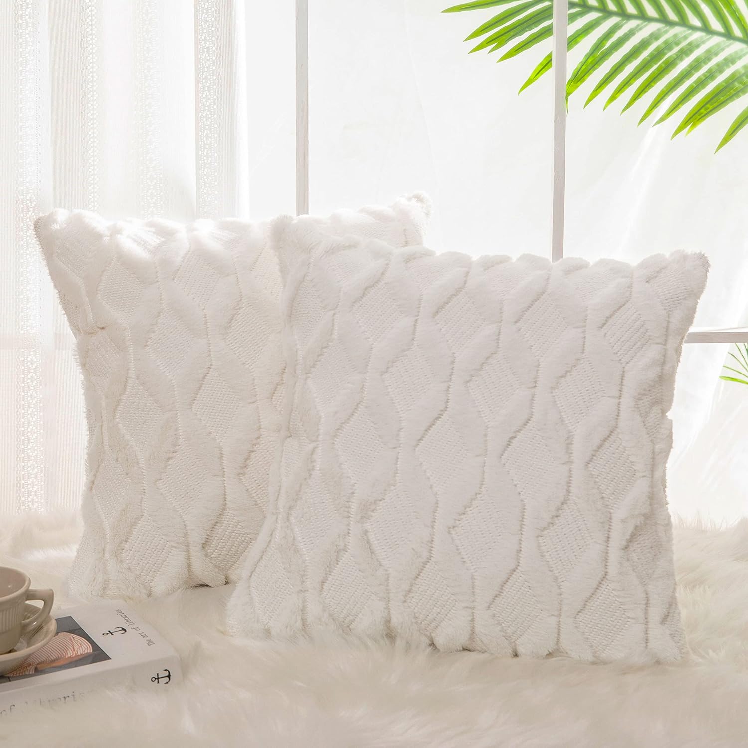 NEERYO Pack of 2 Super Soft Faux Wool Fur Throw Pillow Covers Decorative Pillowcase for Cushion Sofa Bed Livingroom Square 18 x 18 Inch White