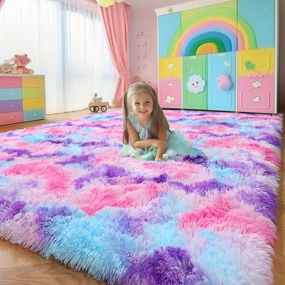 Amdrebio Hot Pink Rainbow Area Rug for Girls Bedroom 6x9, Large Fluffy Cute Fuzzy Colorful Pastel Kids Rugs for Nursery Playroom Classroom, Shaggy Princess Carpet for Baby Toddler Teen, Home Decor