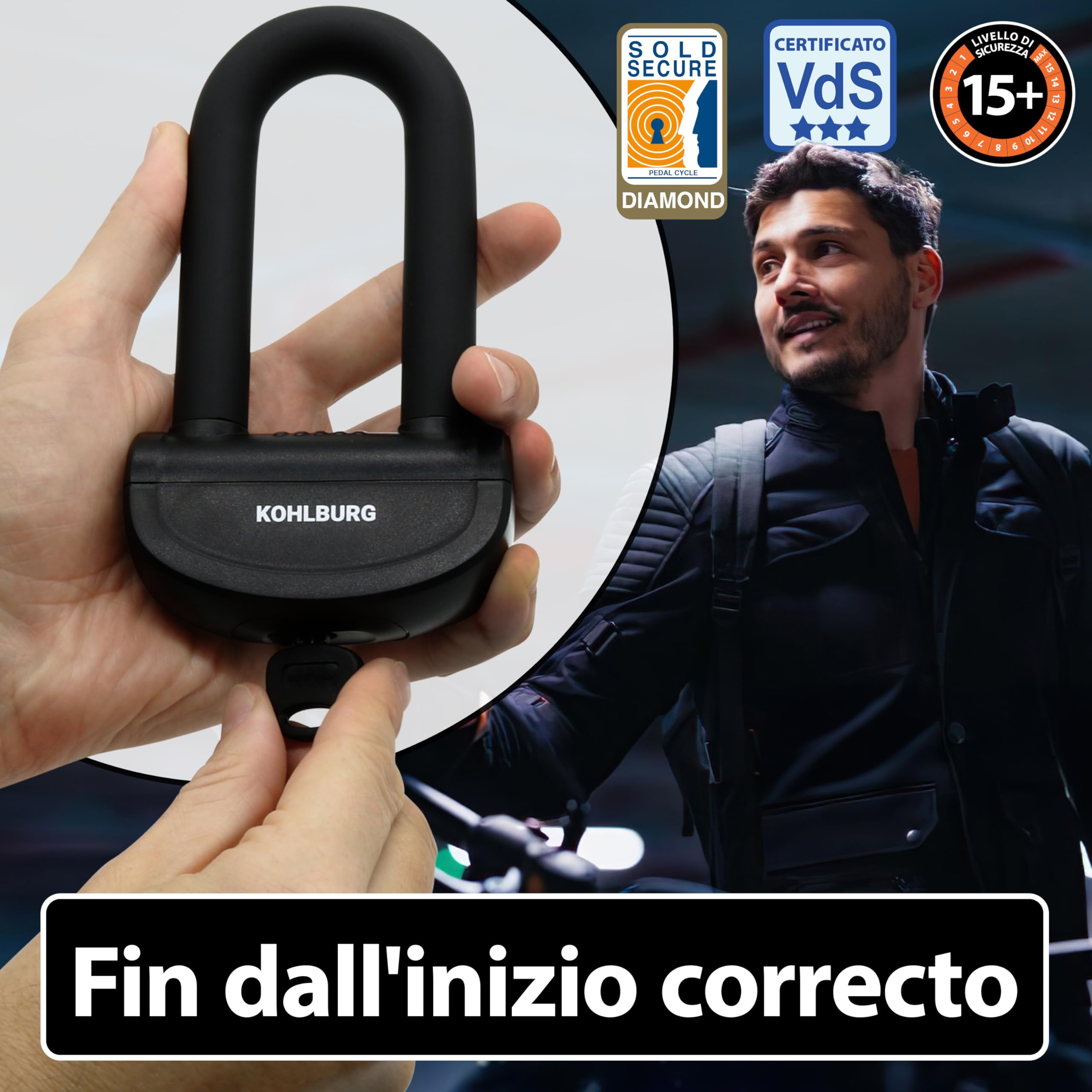KOHLBURG antifurto moto sicuro – blocca disco con livello di sicurezza massimo 15+ – blocco ruota posteriore da 16 mm – protezione antifurto per moto, scooter & ciclomotore