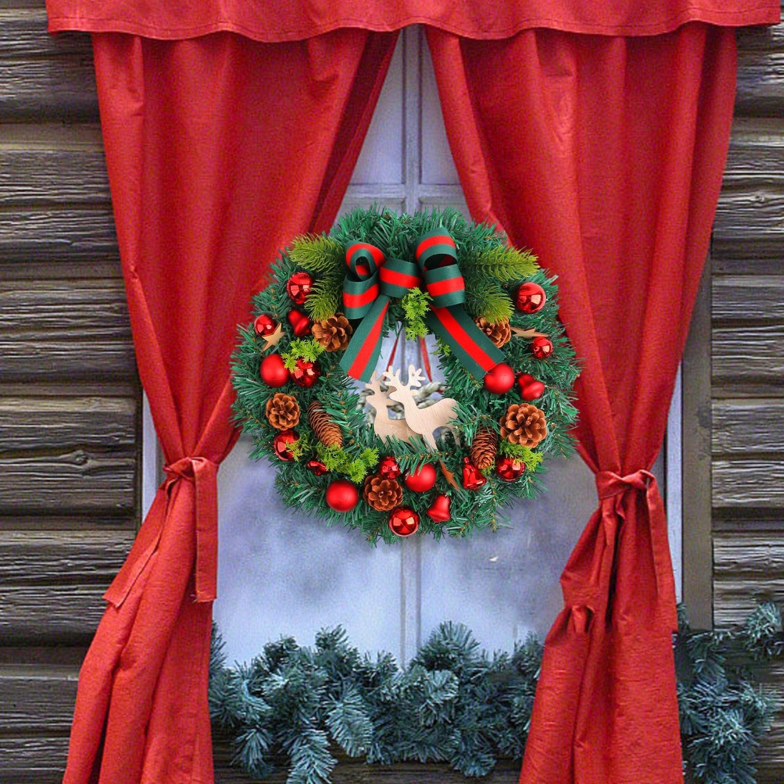 Guirnalda de Navidad para chimenea, arco de piña, bayas de simulación de ciervos, anillo de diseño de escena (verde, 40 cm)