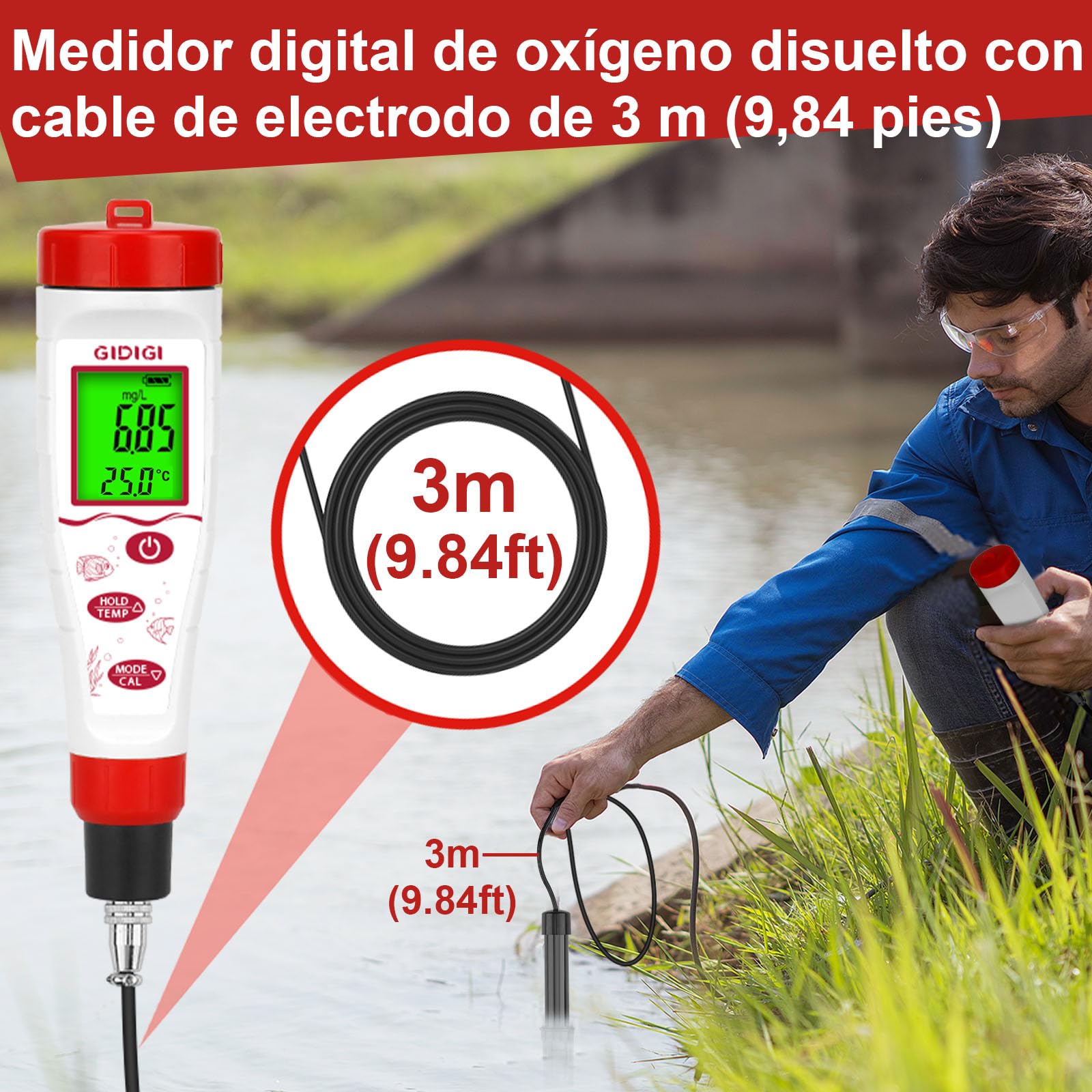 Medidor digital de oxígeno disuelto, GIDIGI Tester de oxígeno disuelto con ATC, medidor DO con cable de sonda DO de 3 metros de largo, kit de prueba de oxígeno disuelto para acuarios, estanques