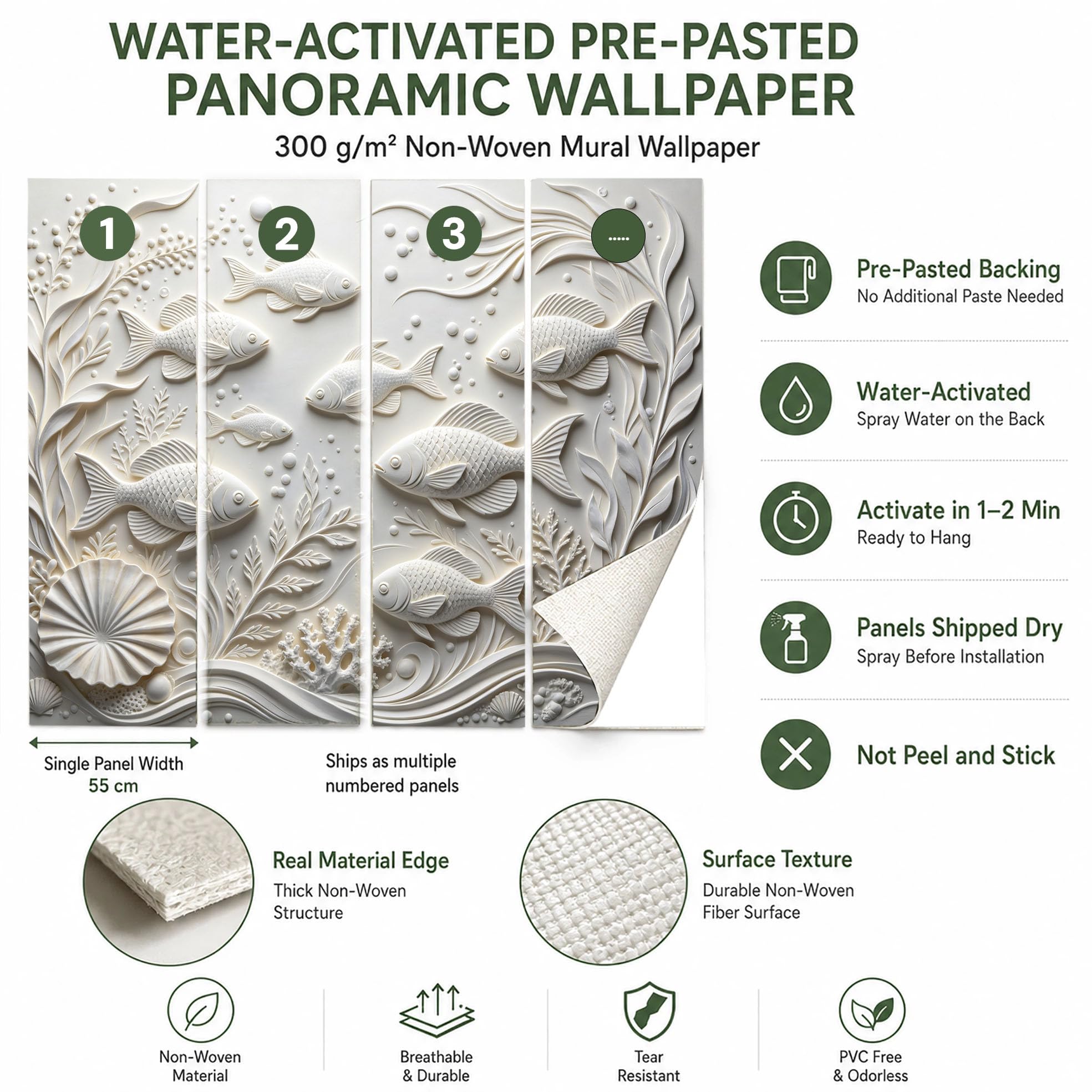 Papel Pintado Con Relieve 3D Peces De Mar Papel Pintado Autoadhesivo Pared 320Cmx600Cm(Hxw), Mural De Pared Con Relieve 3D, Papel Adhesivo No Tejido, Impermeable Y Removible Para Dormitorio Y Sala D