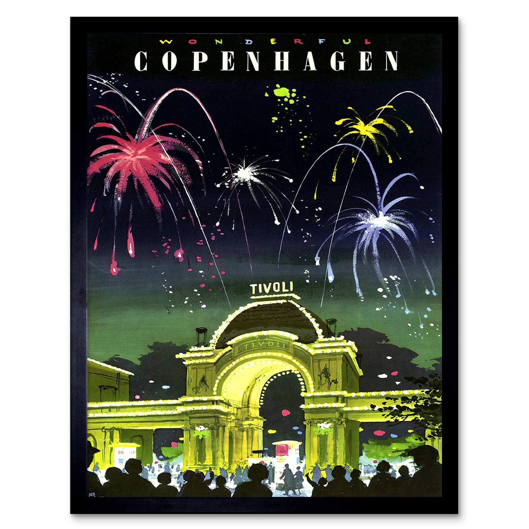 Wee Blue Coo Travel Tourism Copenhagen Denmark Tivoli Gardens Fireworks Vintage Art Print Framed Poster Wall Decor 12X16 Inch