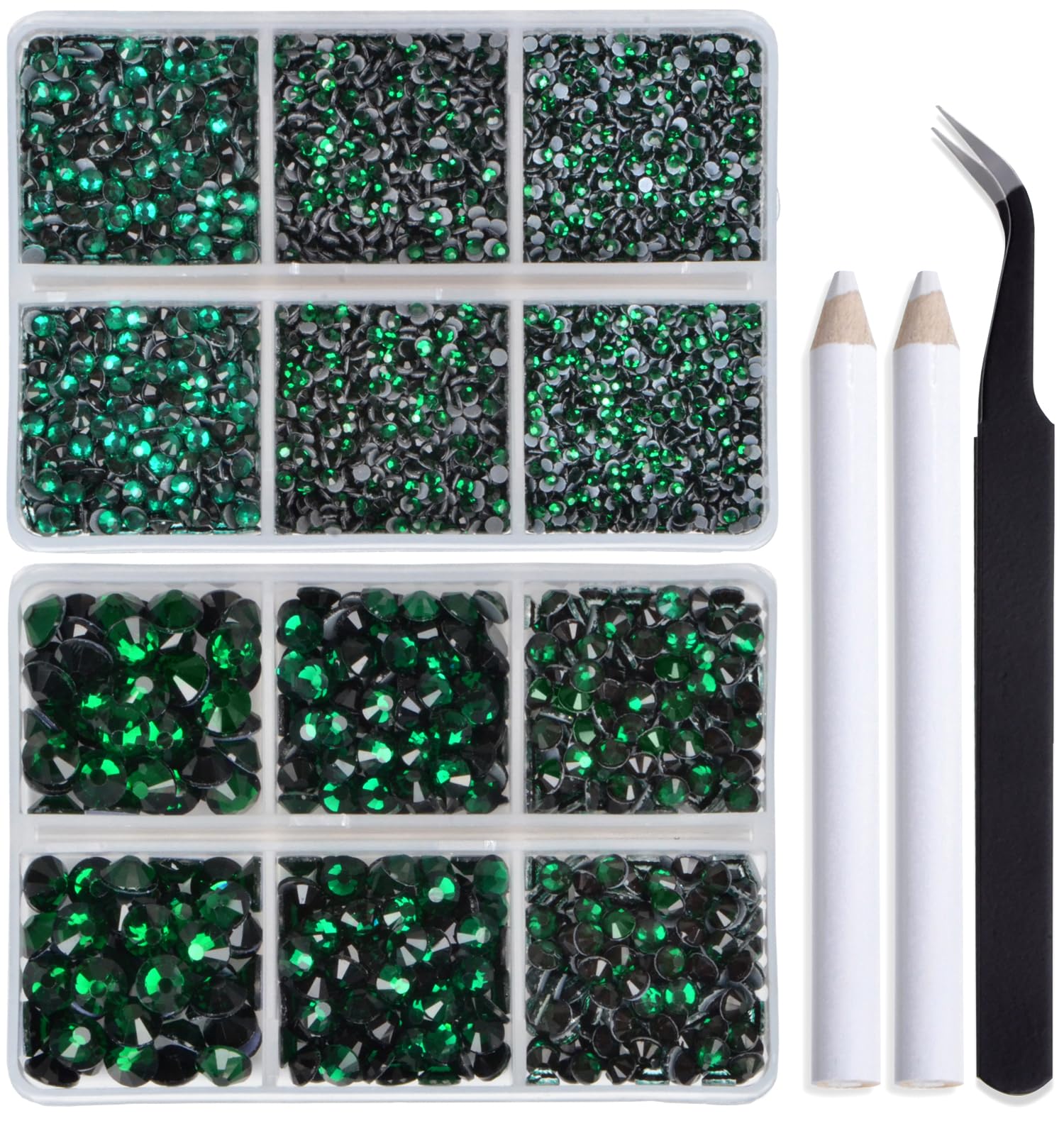 Bymitel Hotfix Crystal Rhinestones Round Gems for Crafts,Mixed 6 Sizes with Wax Pencil Kit, Emerald 1.6-6.3mm SS4-SS30/8000pcs