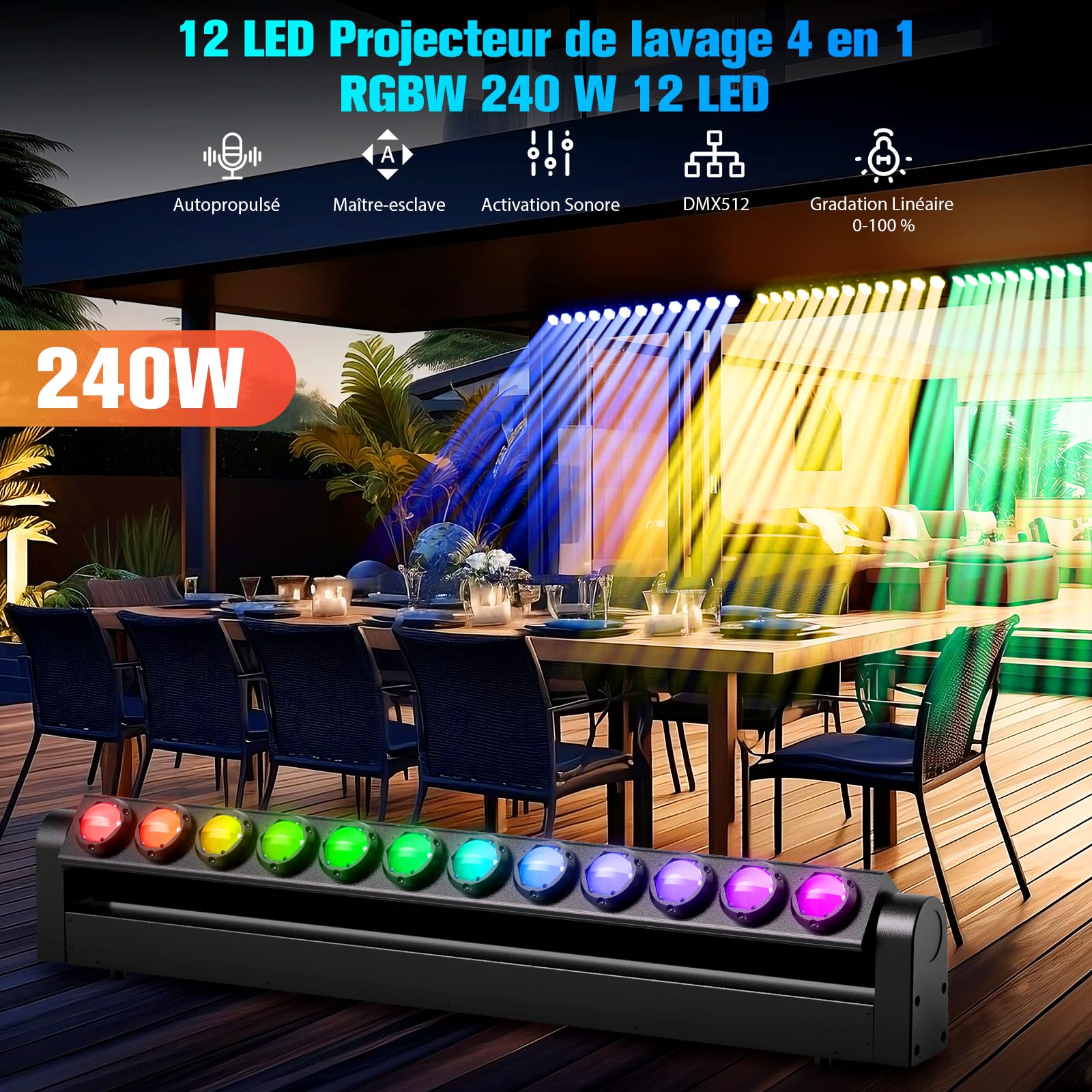 240W Barra de Wallwasher Cabeza Movil LED,12X20W LED RGBW 4en1,DMX512 Luz Discoteca LED para DJ Bar Discoteca Fiestas Exterior Festival