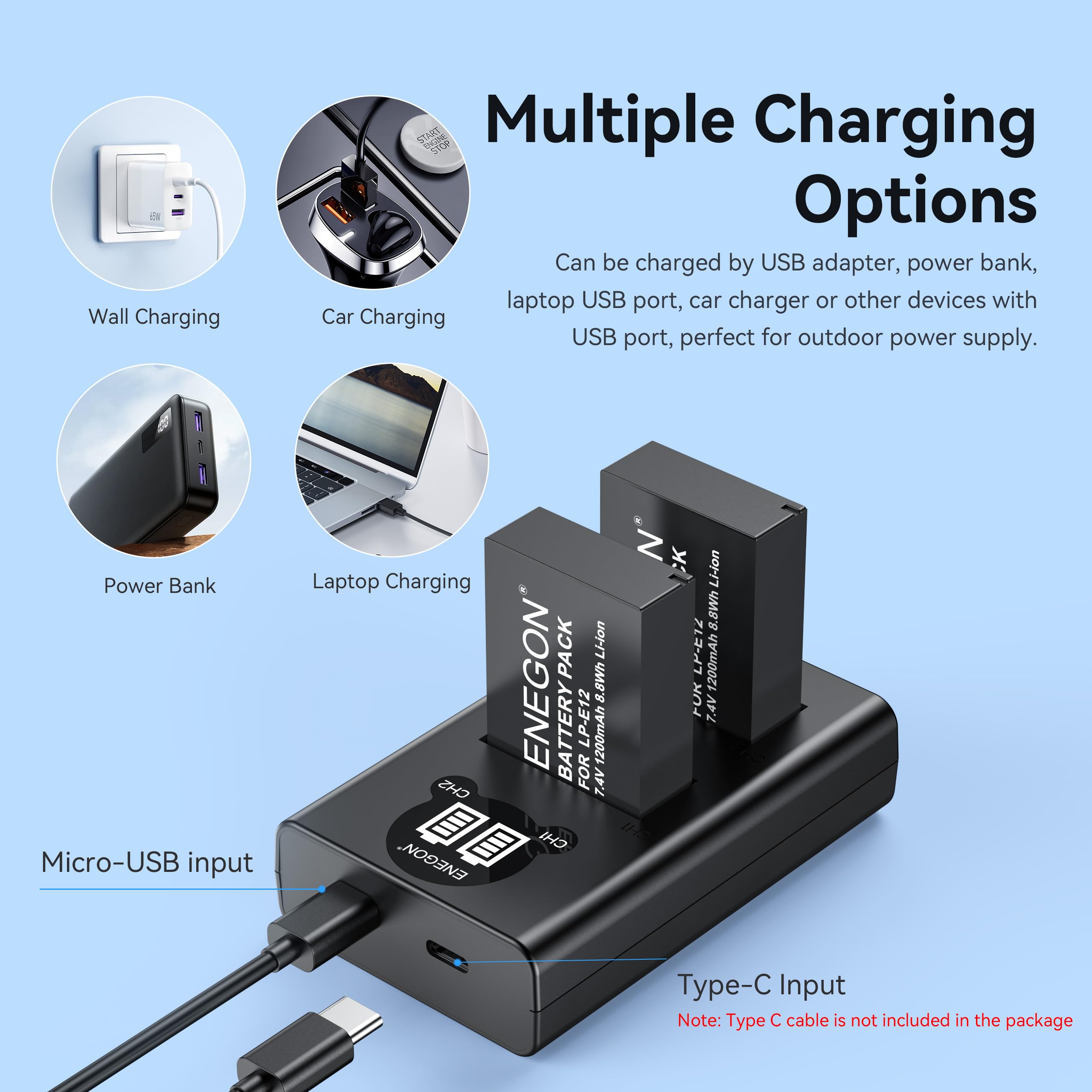ENEGON Batería LP-E12 (Paquete de 2 de 1200mAh) y Kit de Cargador de LCD Compatible con Las cámaras Digitales Canon Rebel SL1, PowerShot SX70 HS, EOS M, EOS M10, EOS M50, EOS M100