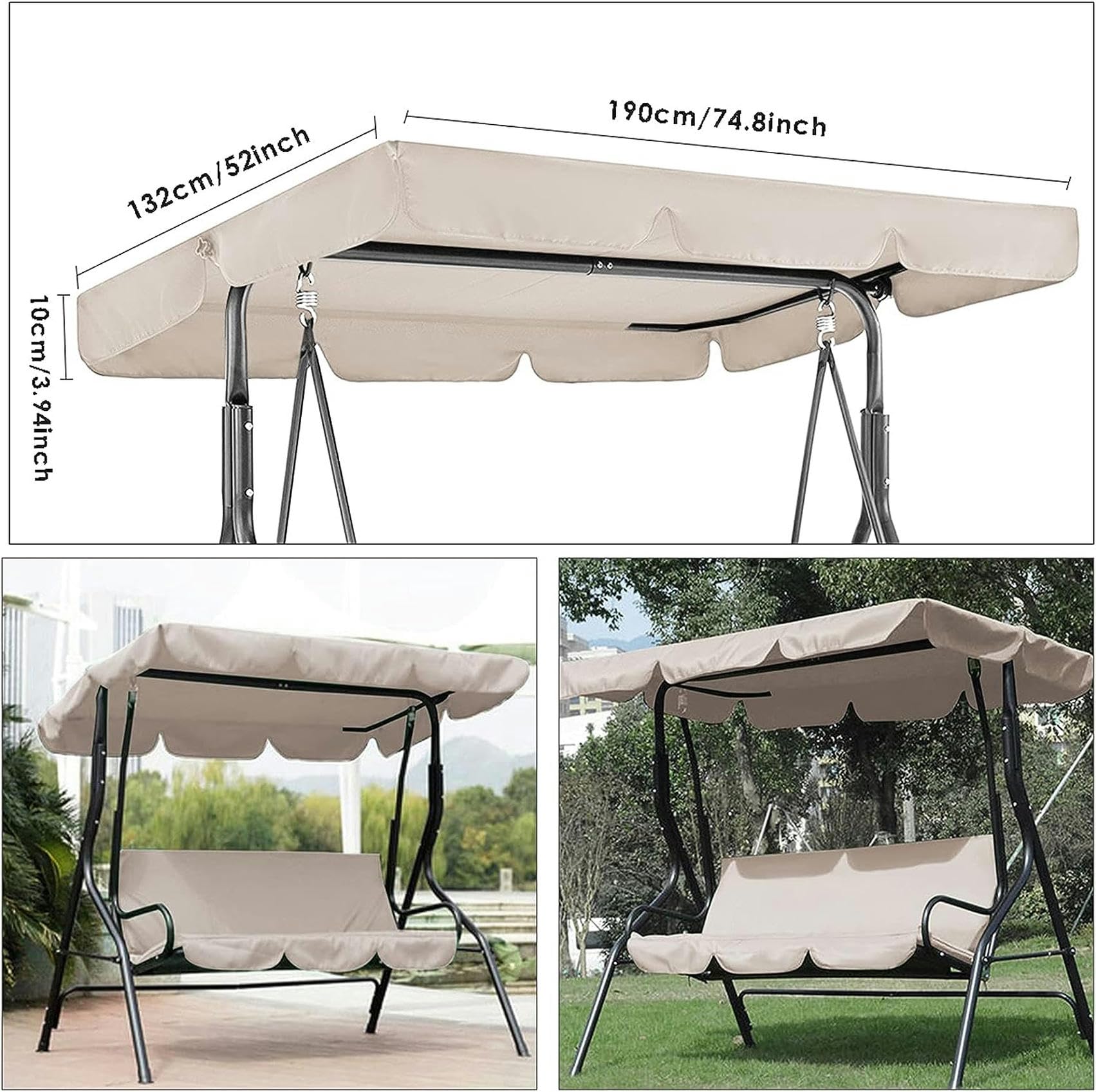 Columpio Jardín Tipo Balancín Toldo,Mecedora Hamaca Terraza Techo Toldo Balcón,Cubierta de Repuesto para Toldo de Columpio,2/3 Plazas(Solo Capota),Beige,190x132x15cm