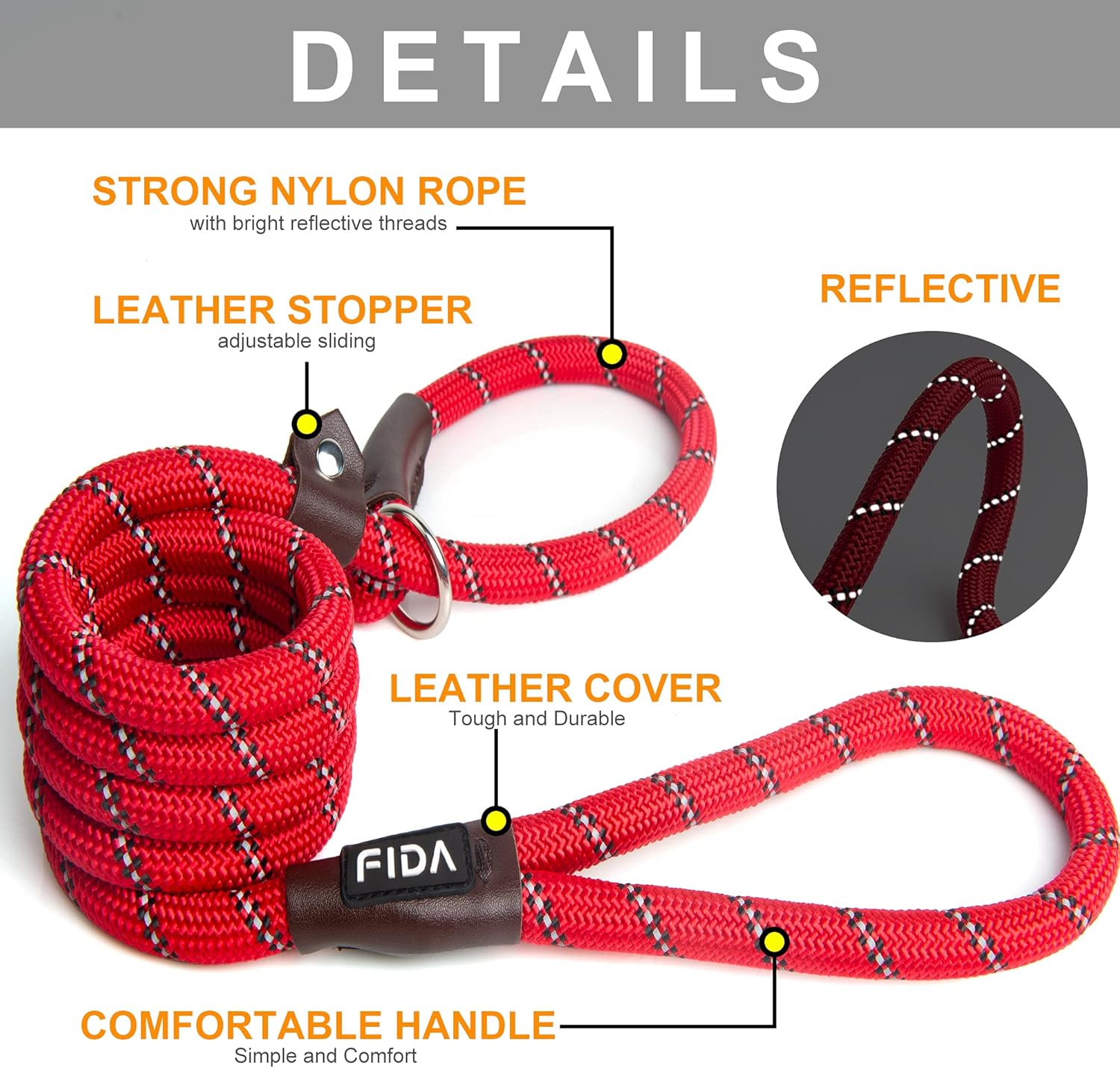 Fida Durable Dog Slip Rope Leash, No Pull Heavy Duty Training Leash for