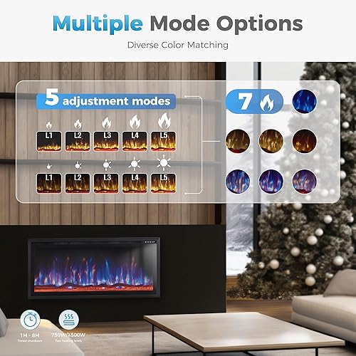 Miniatura 7 de GREEN PARTY Chimenea eléctrica de 60 pulgadas, empotradamontada en la pared, ultrafina, calentador de chimenea lineal de bajo ruido con control