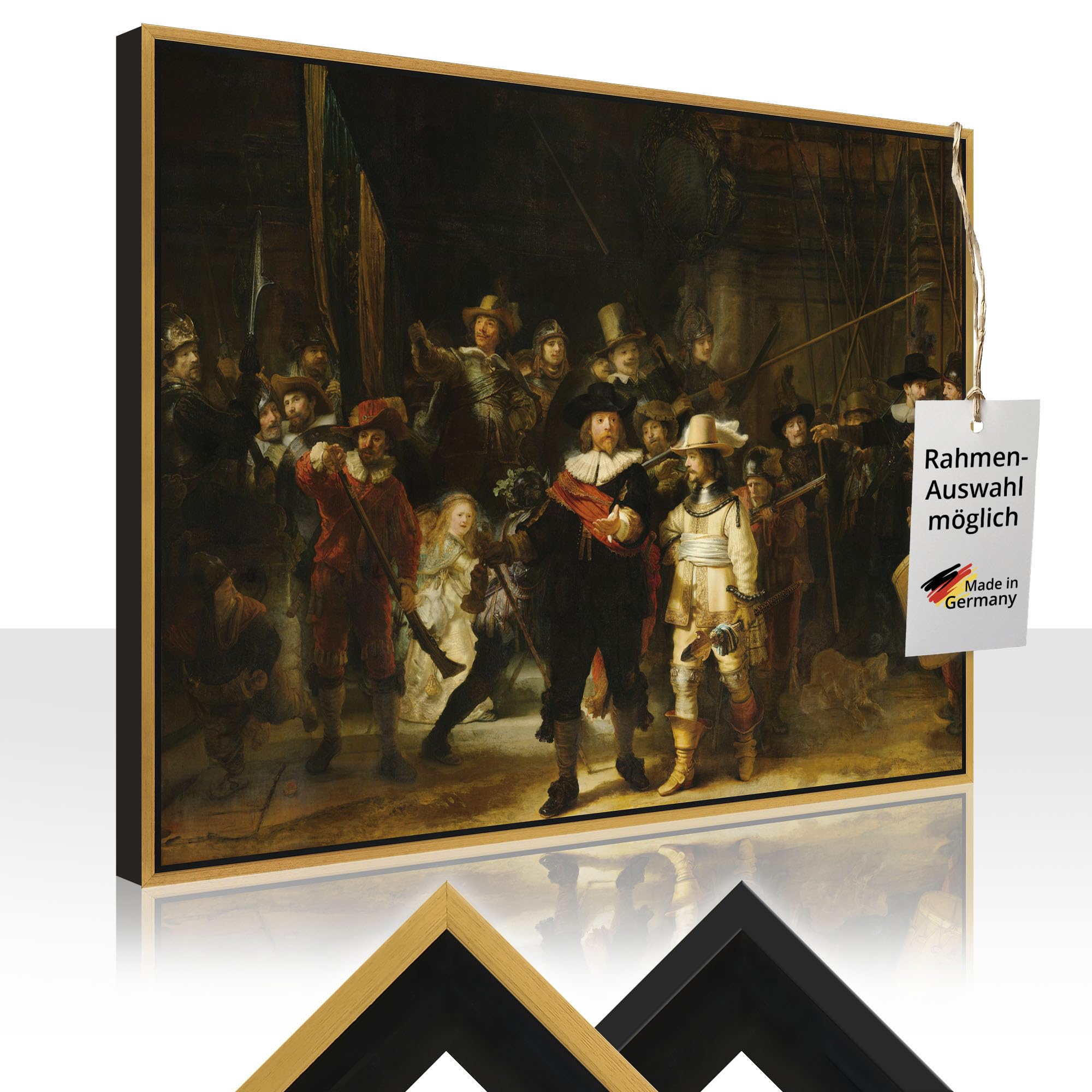ARTLAND Leinwandbild Rembrandt Die Nachtwache Barock 80x60 cm Kunstdruck mit Schattenfugenrahmen Schwarz oder Gold - Wandbild Wohnzimmer Deko aufhängefertig Made in Germany T6IJ