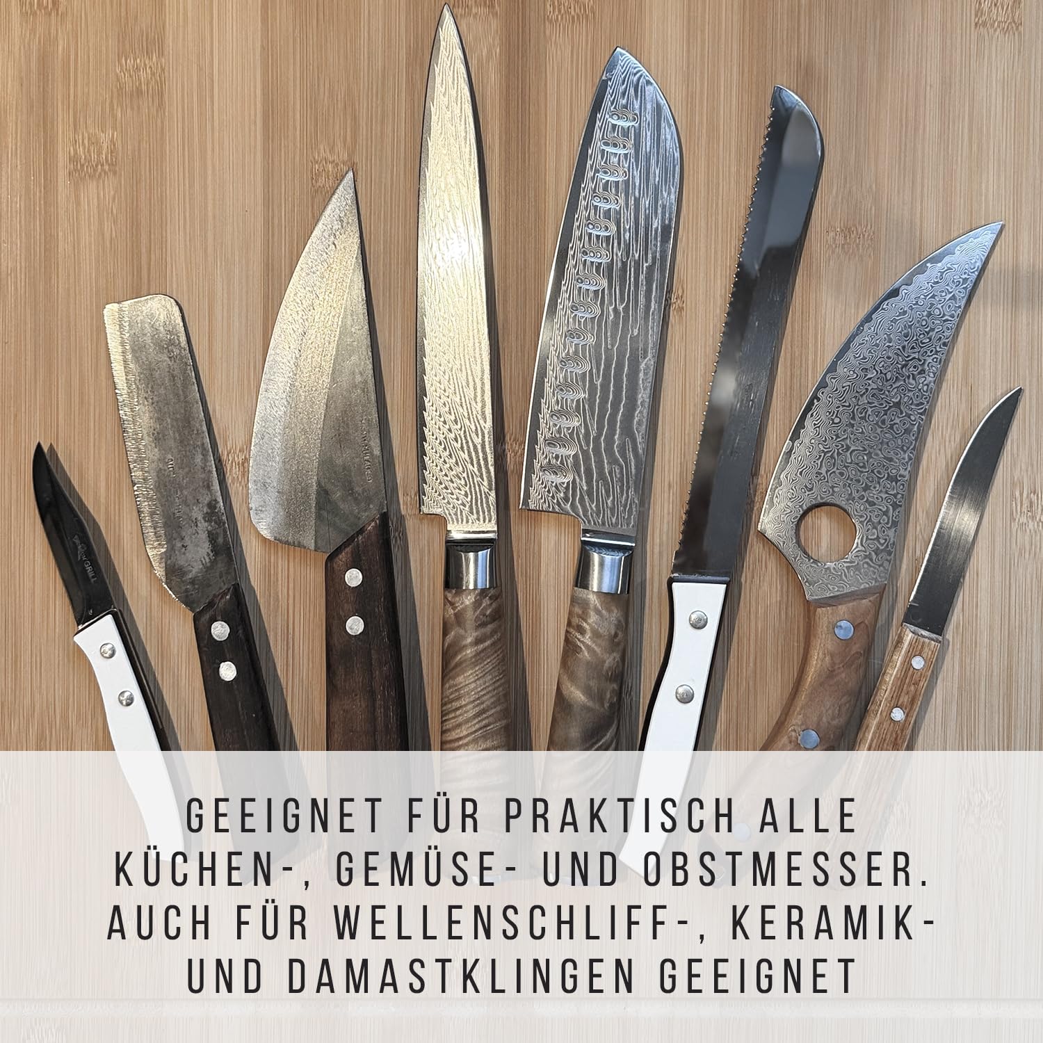 Diamant Messerschärfer Edelstahl & Olivenholz - Handveredelt - Nass & Trocken Schliff -  Diamantscheiben austauschbar - Profi Messerschleifer für Küchen, Wellenschliff, Keramik & Damastmesser