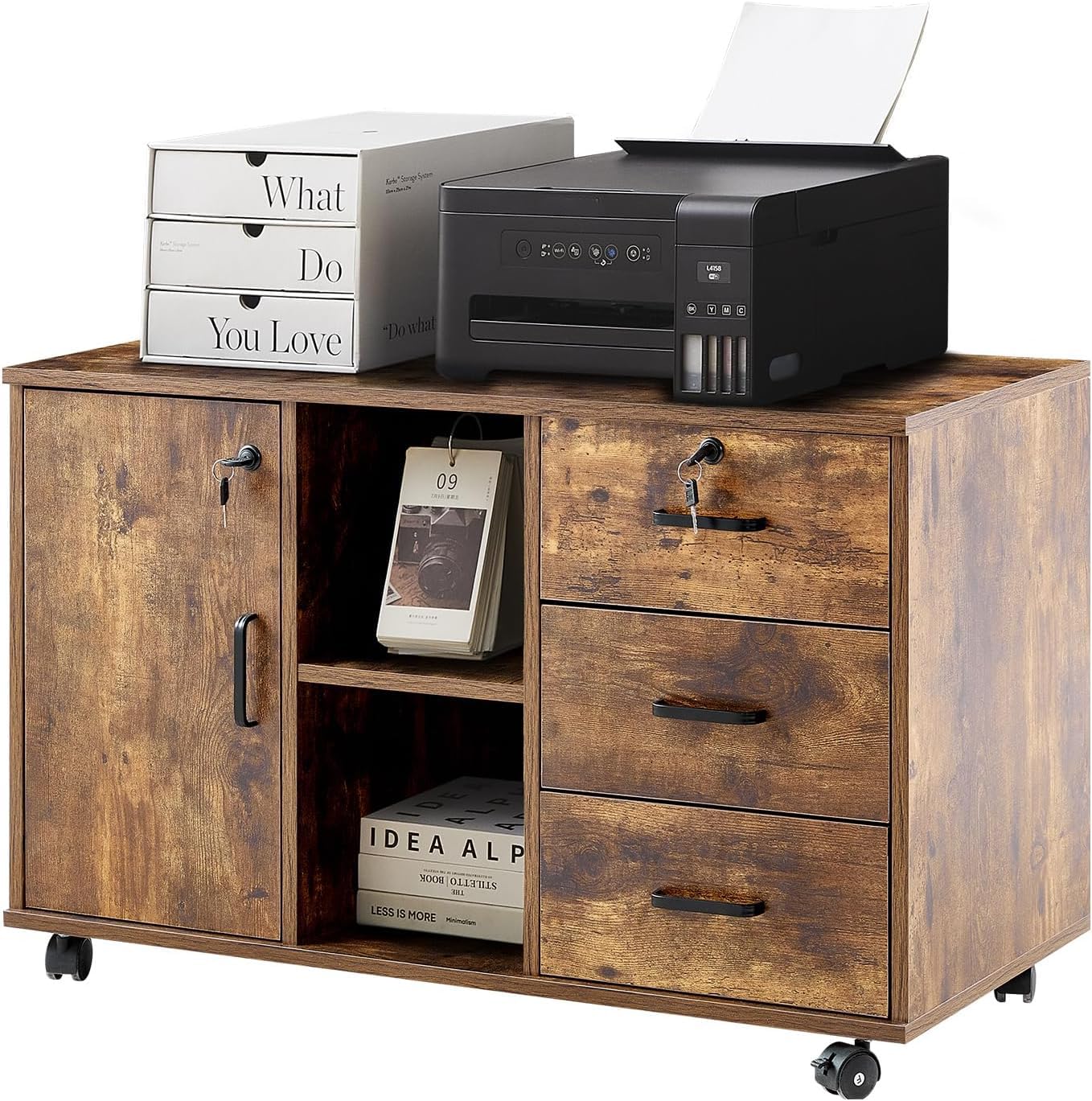 YITAHOME Caisson de bureau à 3 Tiroirs 1 Porte, Support d'imprimante