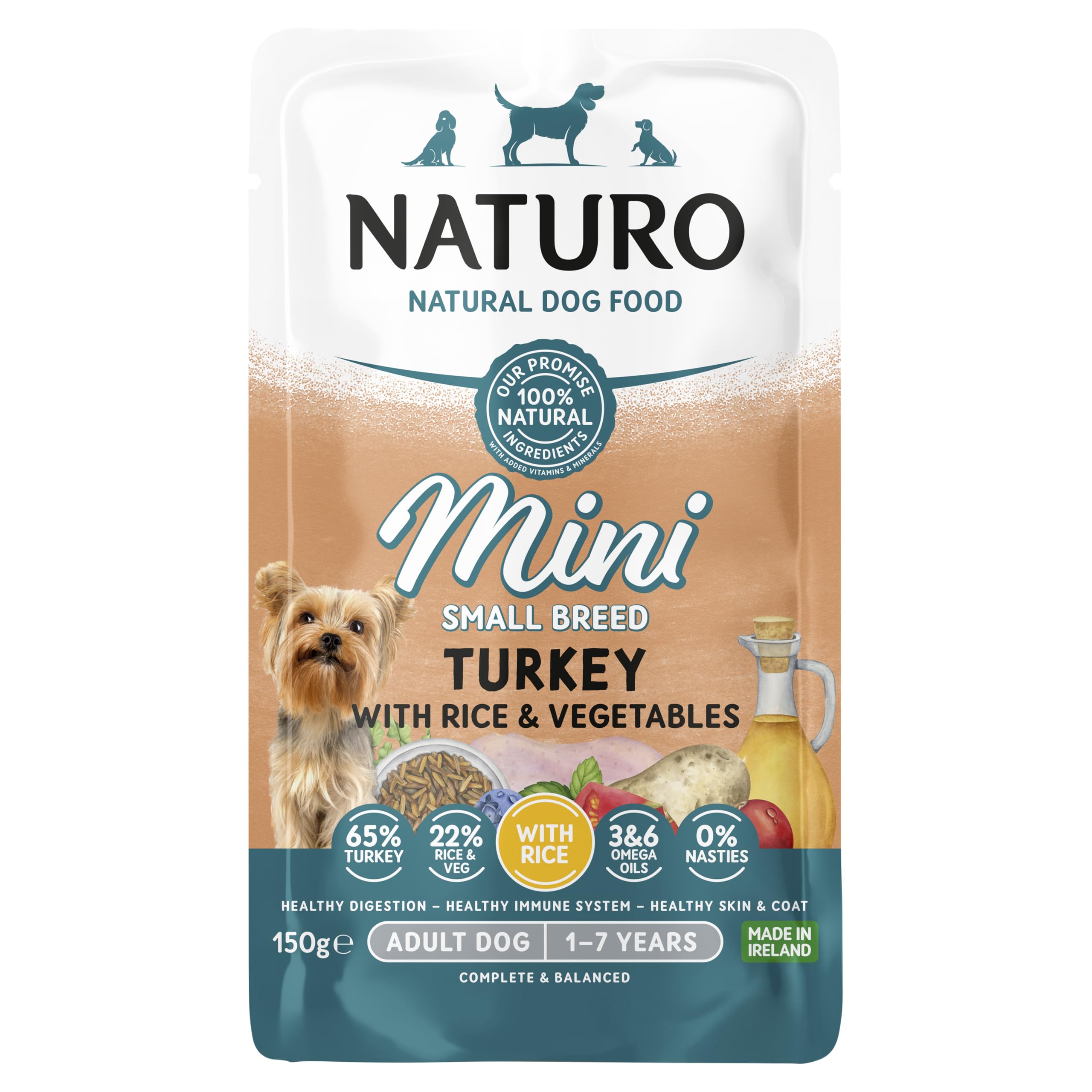 Naturo Mini pavo para adultos con bolsas de arroz y verduras, 8 x 150 g
