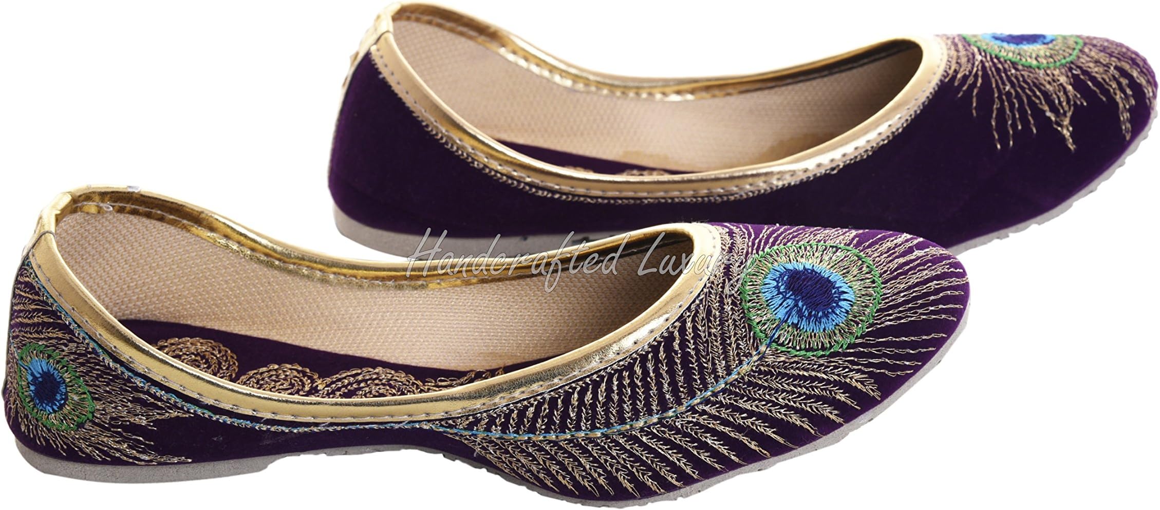 Bridal Women Flat Ballerina Velvet Khussa Shoe Mojari Jooti Jutti Purple and Golden US
