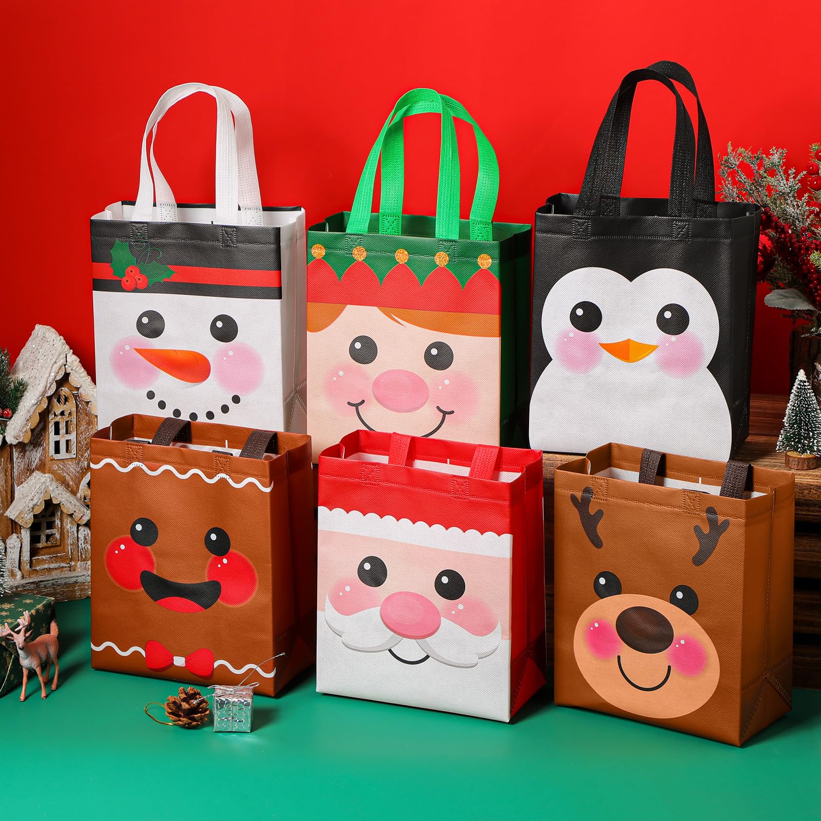 Locmeo 24 bolsas de regalo de Navidad con asas de 10 x 8 x 4 pulgadas, reutilizables, bolsas de golosinas de Navidad, no tejidas, bolsas de regalo de Navidad, bolsas de muñeca para envolver regalos de