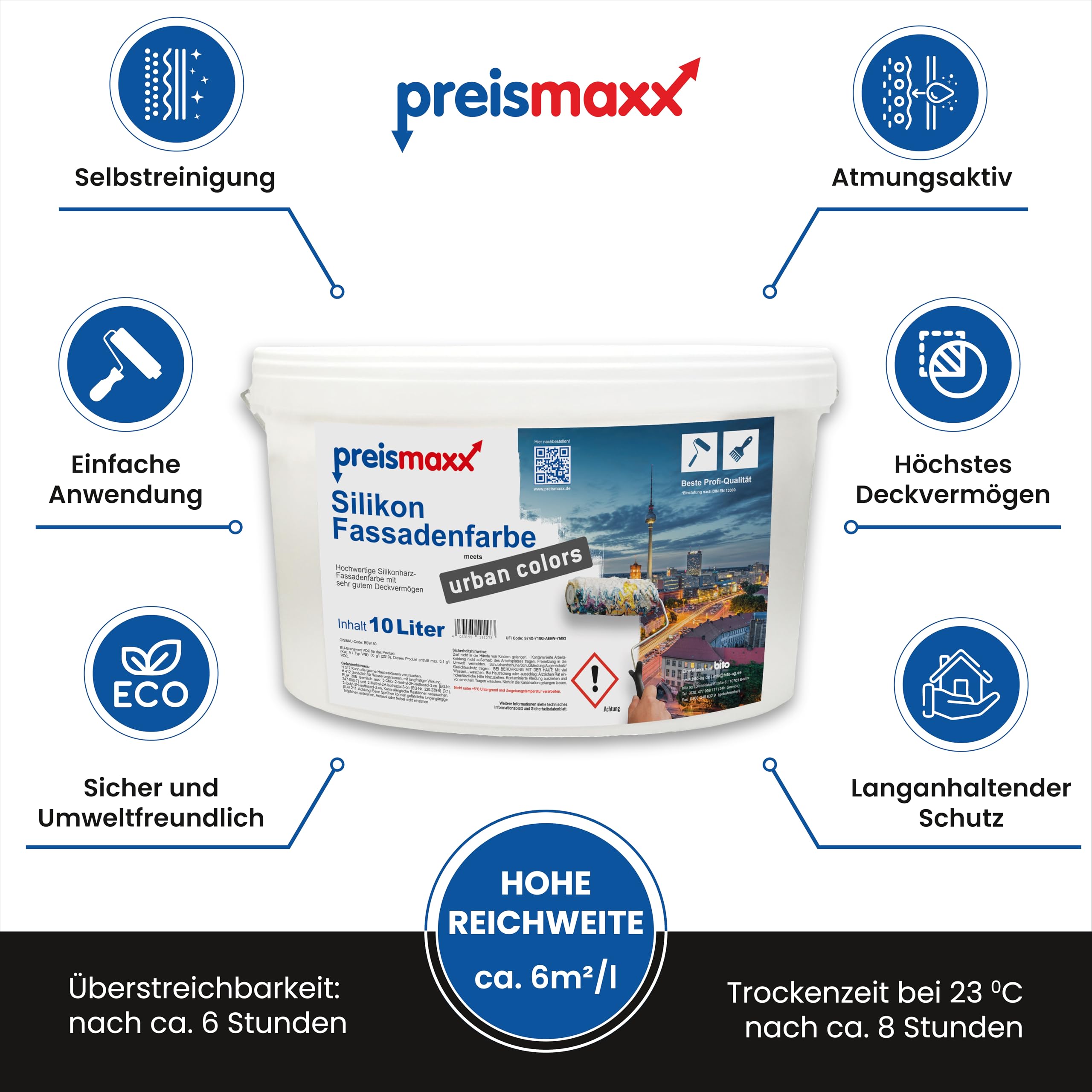 Preismaxx Silikonharz Fassadenfarbe Weiß matt 10l | hochwertig, wasserabweisend, Aussen-Dispersion, sehr guter Regenschutz, Abperleffekt, hohe Deckkraft
