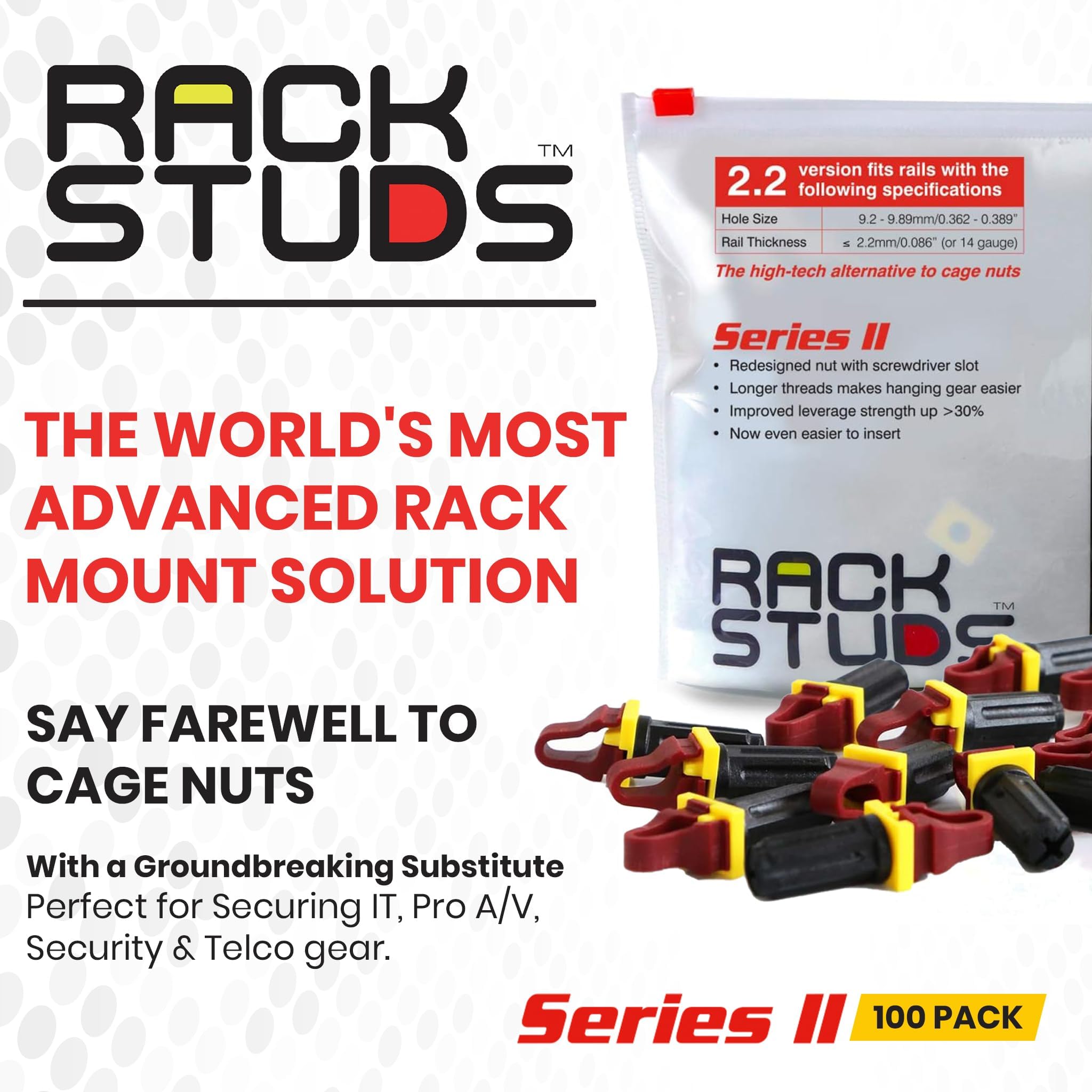 Rackstuds R100 Serie II Rackmontageschrauben – Server-Rack-Schrauben und Käfigmuttern-Ersatz für 19" Server-Rackschienen mit quadratischen Löchern – ohne-Werkzeug – Rot 2,22 mm / 0,086 – 100 Stück