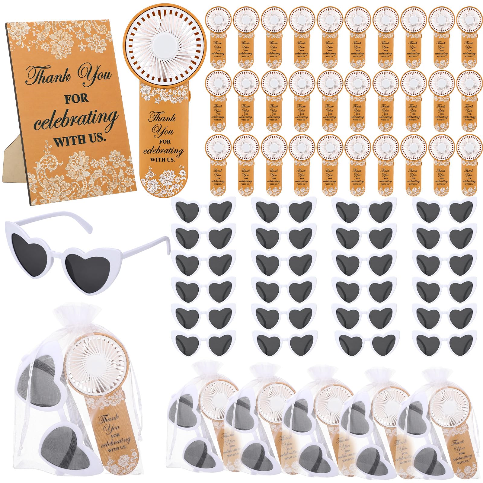 Chumia 91 Stück Hochzeitsgeschenke für Gäste, 30 tragbare Mini-Handventilatoren, 30 Herz-Sonnenbrillen, 30 Organza-Beutel und Holzschild, Sommer, Outdoor, Brautparty, Gastgeschenke, Souvenirs (goldene