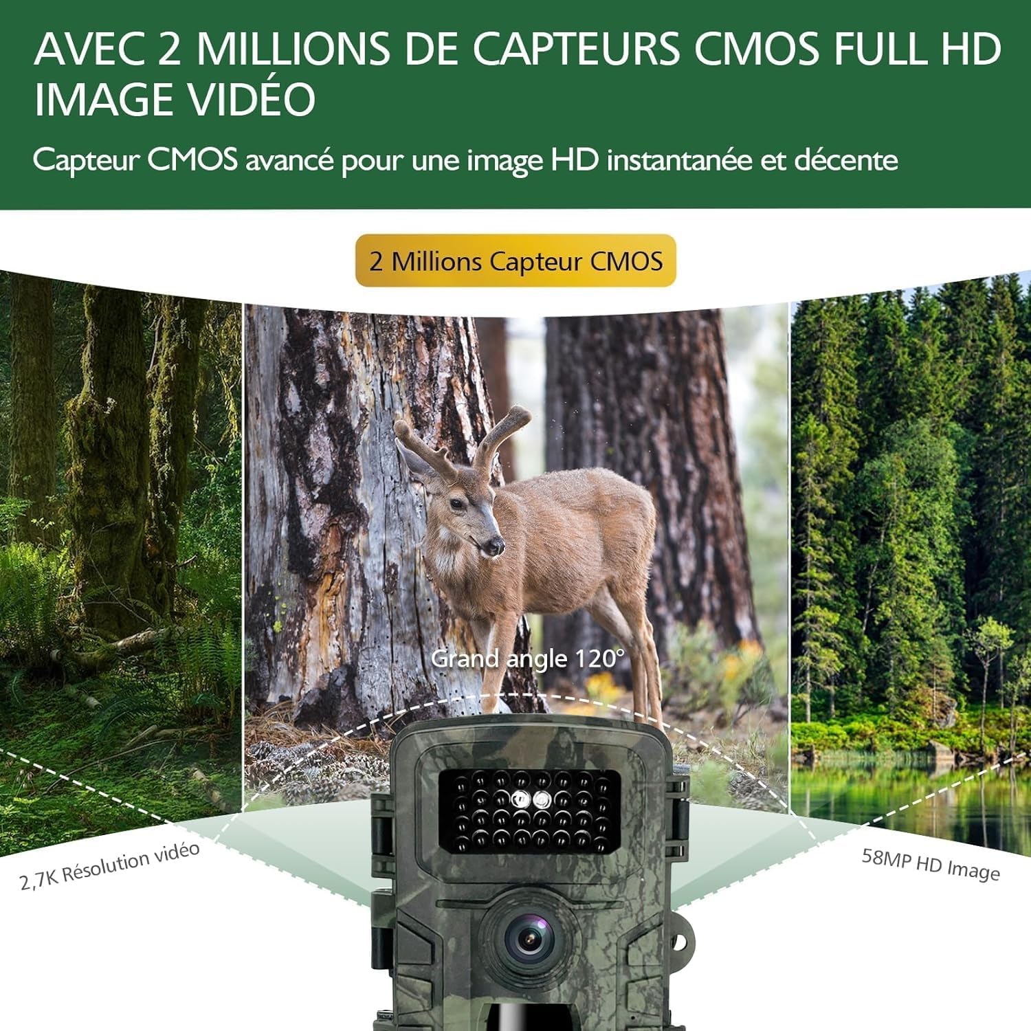 Caméra de Chasse 2.7K/1580P 58MP - Vision Nocturne Infrarouge HD - Caméra Piege Photographique Étanche - Suivi Animal - Carte SD 32Go - Traque IR - Exterieur