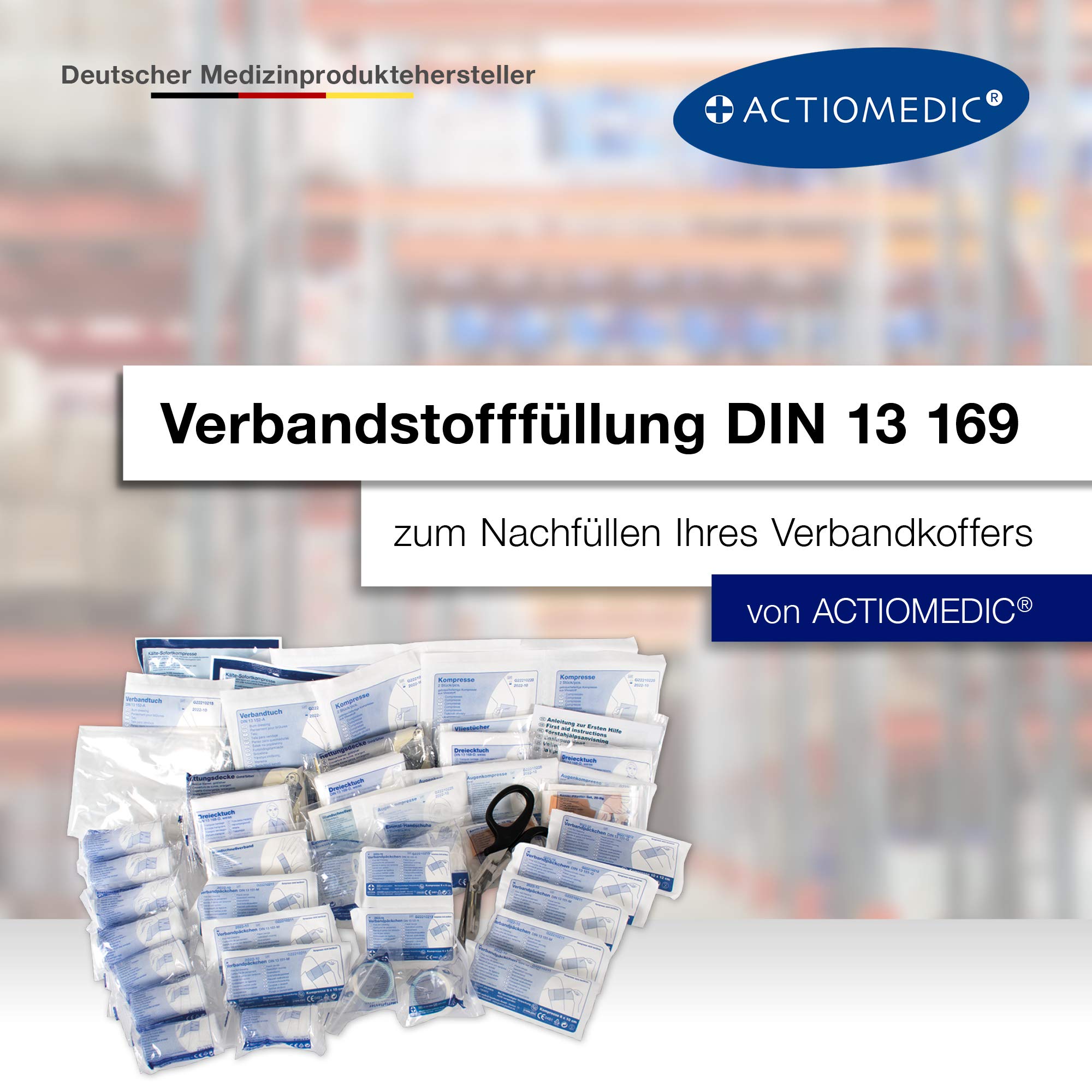 ACTIOMEDIC Erste-Hilfe-Nachfüllpackung nach DIN 13169:2021, Nachfüllset für Verbandkasten & -Schrank mit mehrsprachige Beschriftung I Notfallmedizinische Ausstattung Neutral