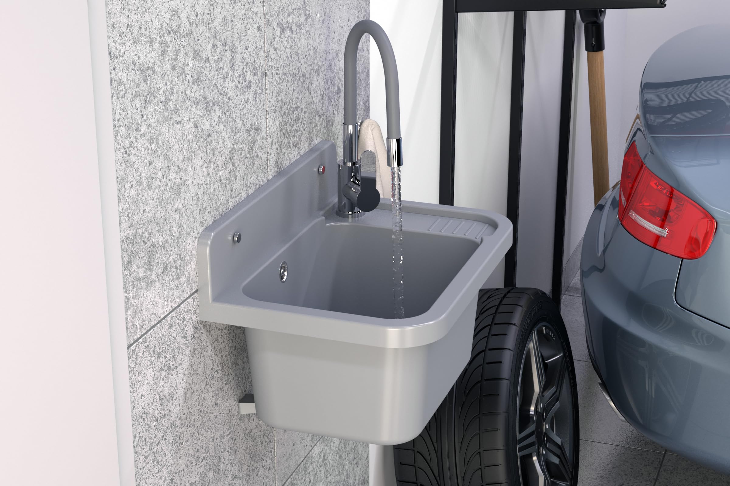 Granitan Ausgussbecken für Garage Keller Werkstatt und Waschküche - Universal Waschtrog Set mit Siphon - Waschbecken mit Abtropfschale Wandmontage aus Polypropylen - 50x34x31 cm - Grau - Figo
